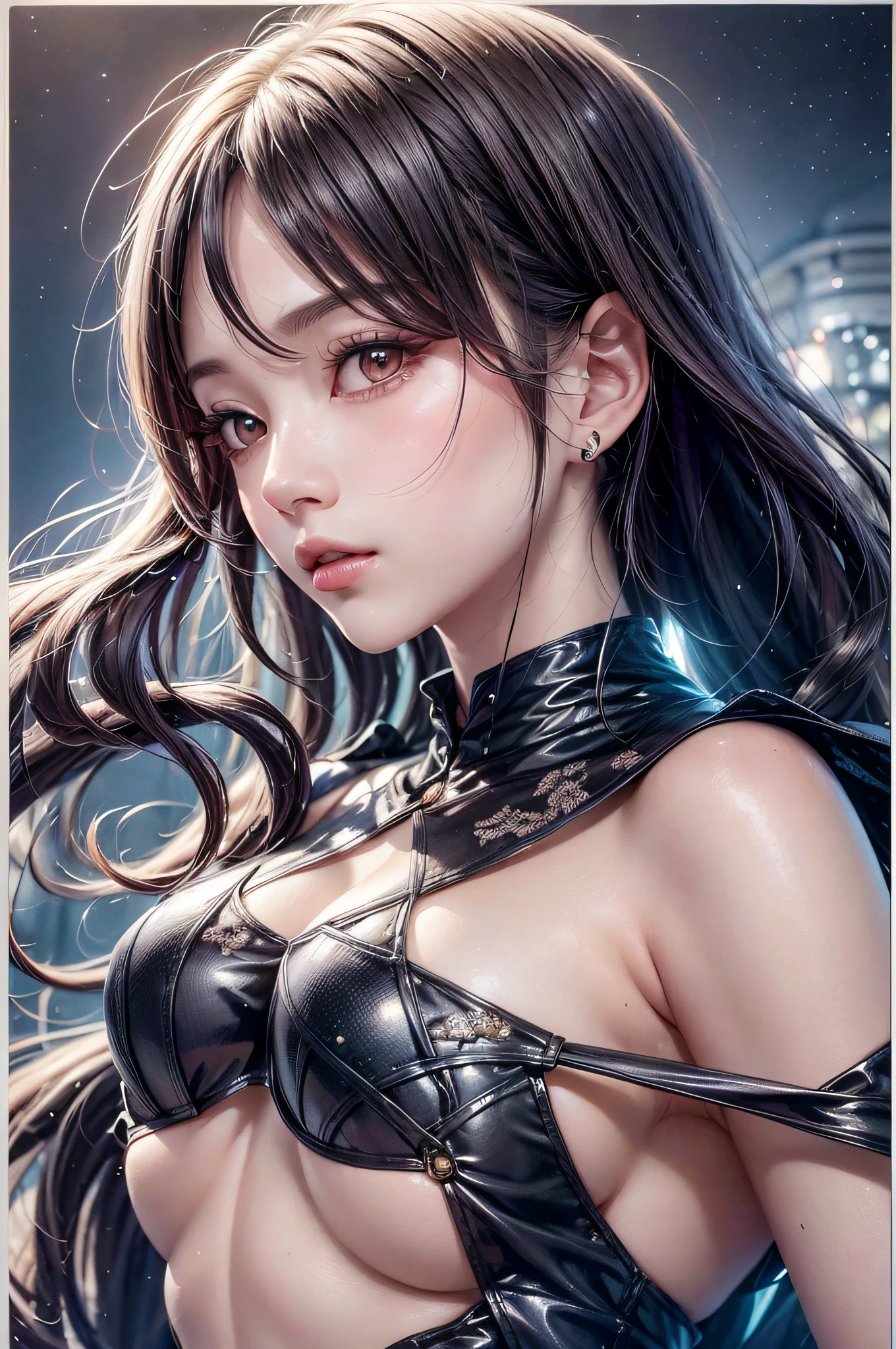 Beautiful girl story wrapped in love, Beautiful eye details, A captivating anime girl gracefully emerges from the pages of a watercolor painting, Her vivid and complex colors are, Bring your artwork to life, (see-through transparent clothes, Transparent costume:1.5), She wears a fantasy see-through costume with a transparent chest adorned with delicate details, Fascinating worldview, Luminescent elements, Glowing crystals surround her like air, casting a soft, otherworldly glow,  The style of watercolor painting is、Imbues the image with a sense of fluidity and delicacy, as if the colors are effortlessly blending and bleeding into one another, Camera shot: medium shot, Soft Focus, luminescent glow　Lighting, watercolor brushstrokes, Sophisticated and very delicate anime illustration, unique colors, Portrait of an anime girl, Costume with open chest, Irridescent color,  beautiful girl illuminated by seven colors of light,