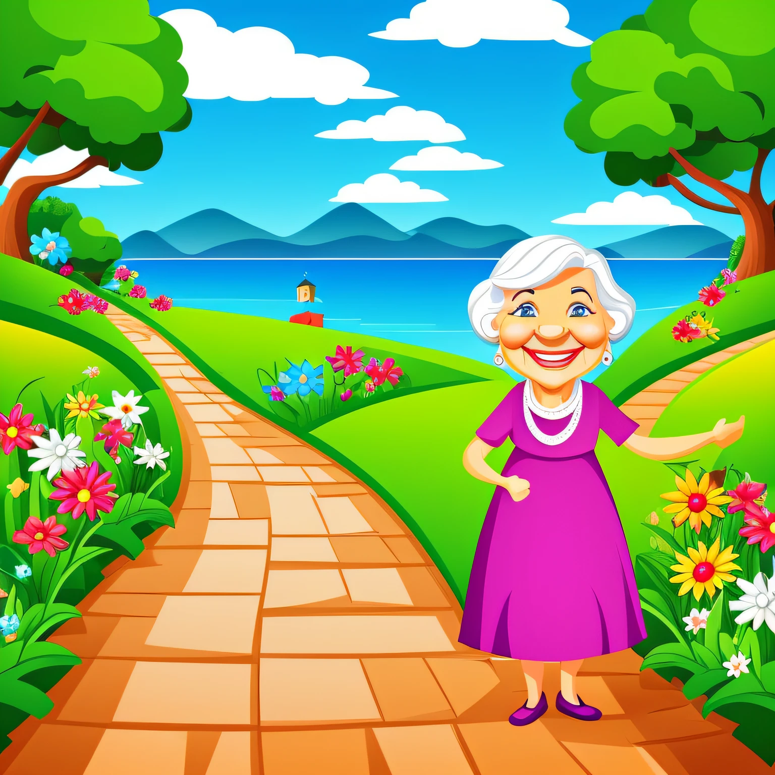 creat old woman in cartoon style, smile, total body, landscape background --auto