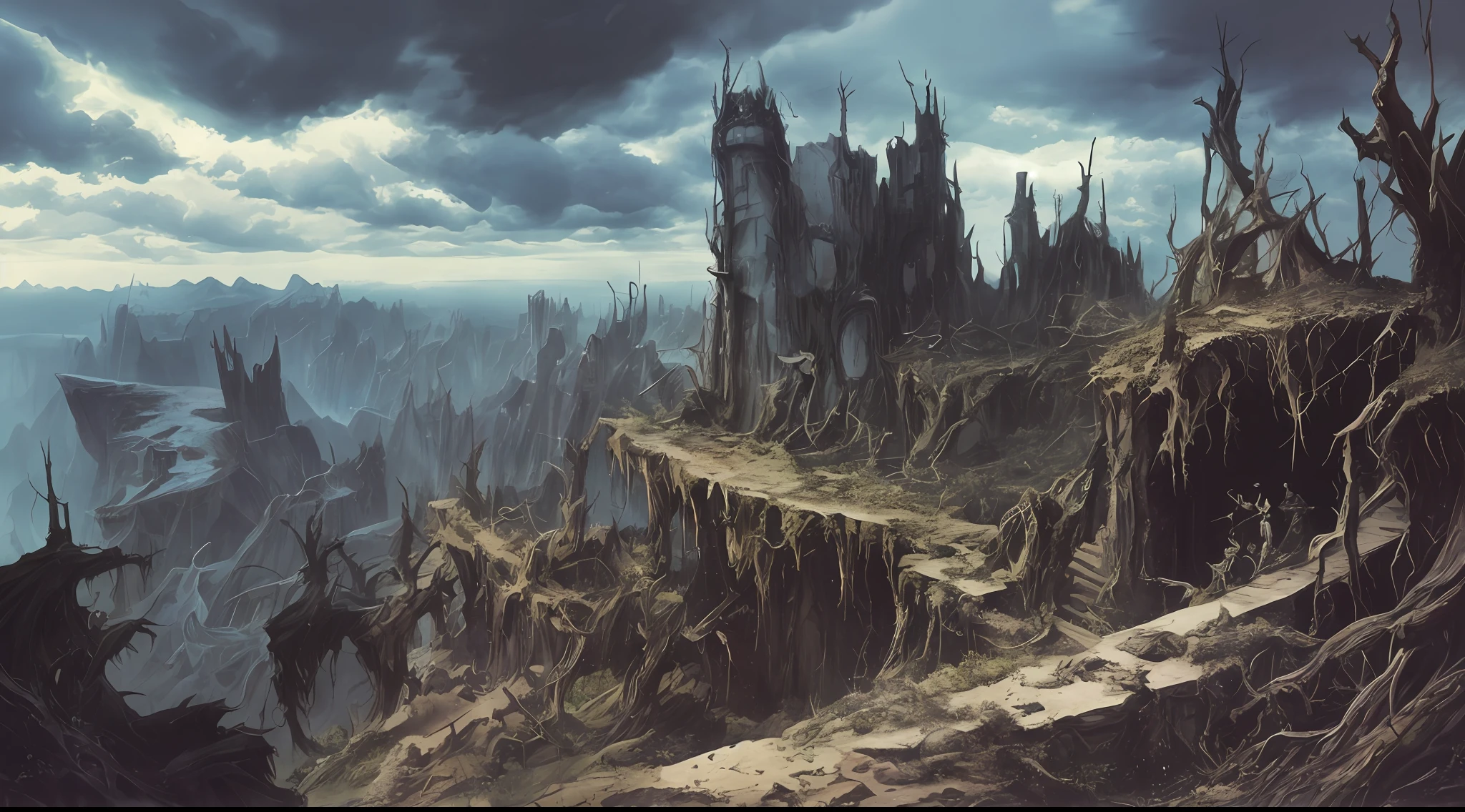 view from the top of peak, futurist dark valley in ruin, evil creatures, cosmic horror, abyss view, madness, thorns, spiked walls. Creepy illustration, Horror art, hyperdetailed painting, color drawing, art by Derek Riggs and HR Giger --auto