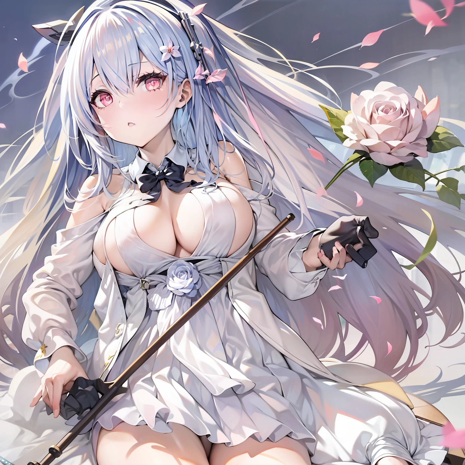 anime girl with long white hair holding a stick and a rose, boobs, full body, anime visual of a cute girl, light novel cover art, shikamimi, fine details. girls frontline, anime cover, marisa kirisame, japanese shoujo manga, from girls frontline, japanese light novel cover, anime visual of a young woman