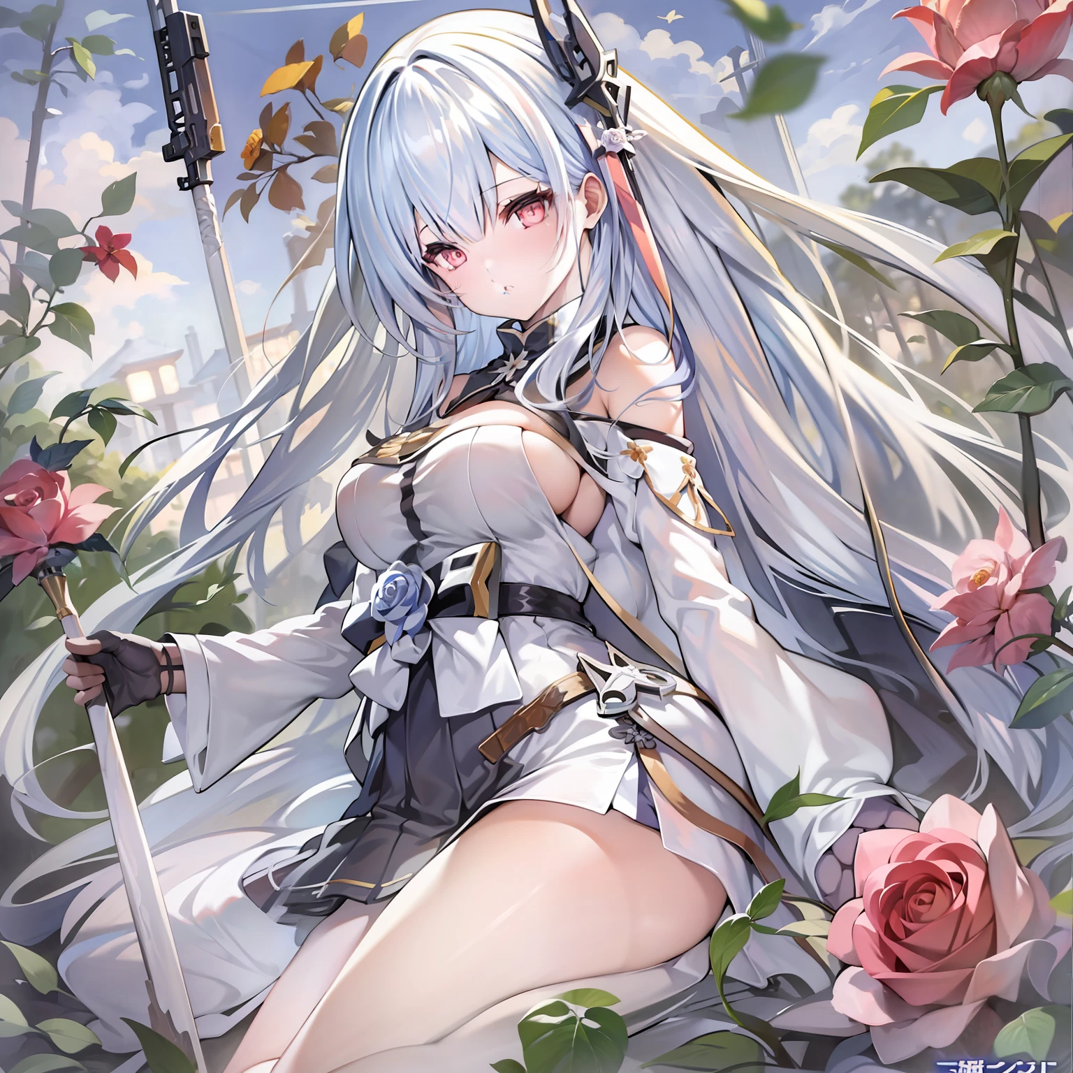 anime girl with long white hair holding a stick and a rose, boobs, full body, anime visual of a cute girl, light novel cover art, shikamimi, fine details. girls frontline, anime cover, marisa kirisame, japanese shoujo manga, from girls frontline, japanese light novel cover, anime visual of a young woman