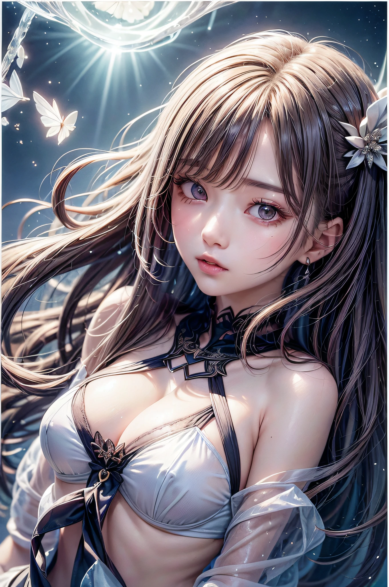 Beautiful girl story wrapped in love, Beautiful eye details, A captivating anime girl gracefully emerges from the pages of a watercolor painting, Her vivid and complex colors are, Bring your artwork to life, (see-through transparent clothes, Transparent costume:1.5), She wears a fantasy see-through costume with a transparent chest adorned with delicate details, Fascinating worldview, Luminescent elements, Glowing crystals surround her like air, casting a soft, otherworldly glow, The style of watercolor painting is、Imbues the image with a sense of fluidity and delicacy, as if the colors are effortlessly blending and bleeding into one another, Camera shot: medium shot, Soft Focus, luminescent glow Lighting, watercolor brushstrokes, Sophisticated and very delicate anime illustration, unique colors, Portrait of an anime girl, Costume with open chest, Irridescent color, beautiful girl illuminated by seven colors of light,