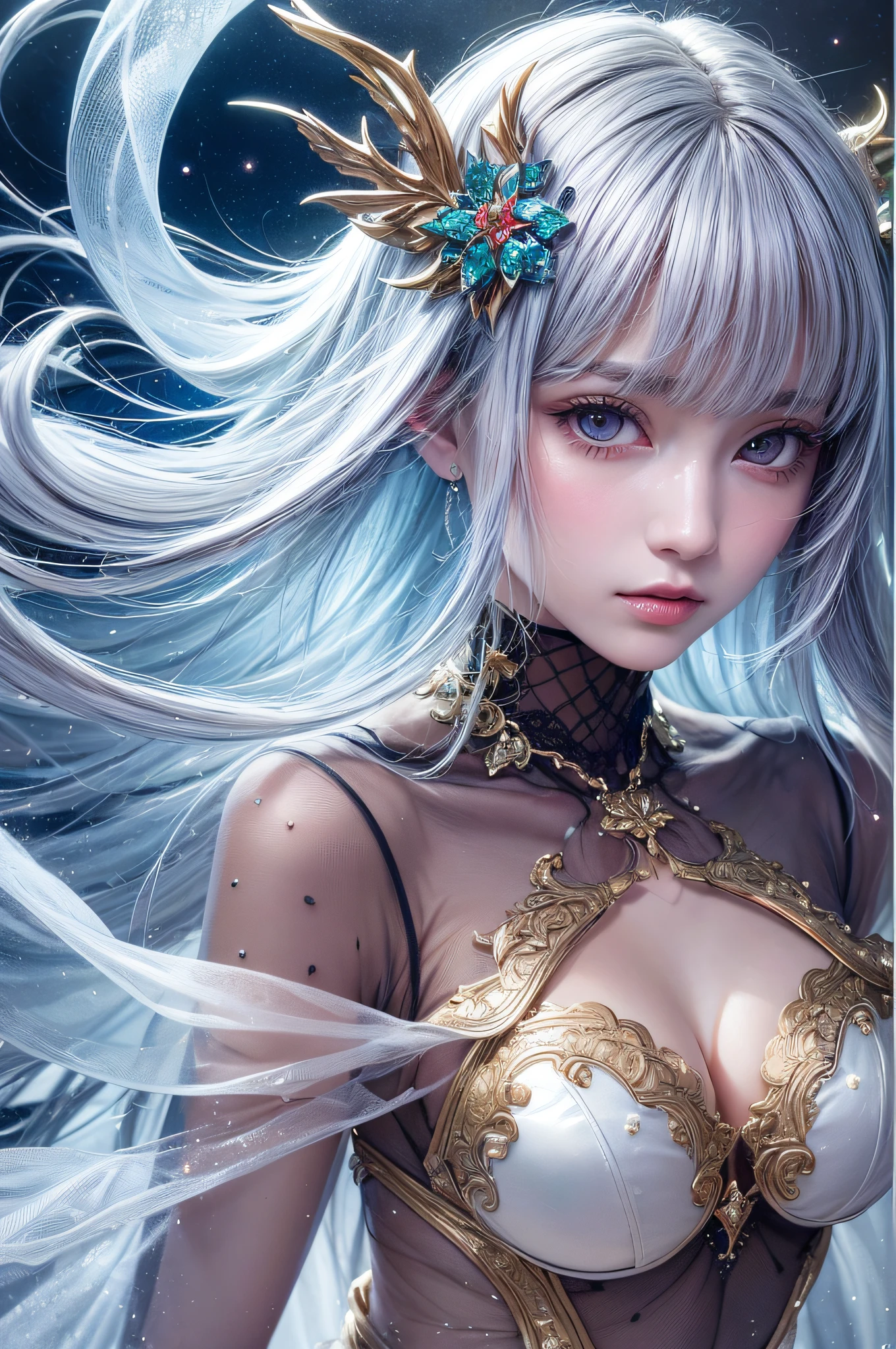 Beautiful girl story wrapped in love, Beautiful eye details, A captivating anime girl gracefully emerges from the pages of a watercolor painting, Her vivid and complex colors are, Bring your artwork to life, (see-through transparent clothes, Transparent costume:1.5), She wears a fantasy see-through costume with a transparent chest adorned with delicate details, Fascinating worldview, Luminescent elements, Glowing crystals surround her like air, casting a soft, otherworldly glow,  The style of watercolor painting is、Imbues the image with a sense of fluidity and delicacy, as if the colors are effortlessly blending and bleeding into one another, Camera shot: medium shot, Soft Focus, luminescent glow　Lighting, watercolor brushstrokes, Sophisticated and very delicate anime illustration, unique colors, Portrait of an anime girl, Costume with open chest, Irridescent color,  beautiful girl illuminated by seven colors of light,