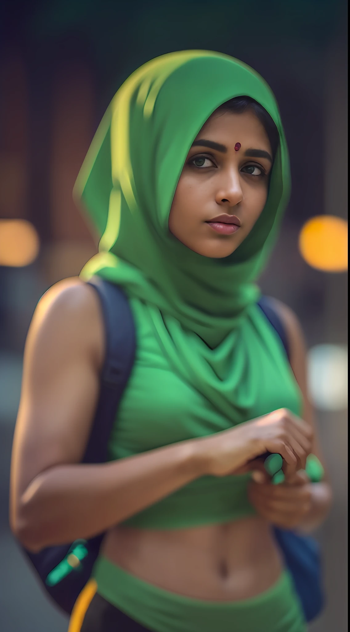 (
(Character: one Indian woman)
(Clothing: workout clothes, green khimar, backpack)
(Posing against a city street at night)
(Abstract colors, texture, film grain, analog style, cinematic movie still frame, green color scheme)
(Skin pores, dusty atmospheric haze, vignetting, wrinkles:0.2, intricate hasselblad dslr RAW dramatic portrait photo, eye contact, nofilter selfie, (backlit)1.2, (film grain)1.2)
)