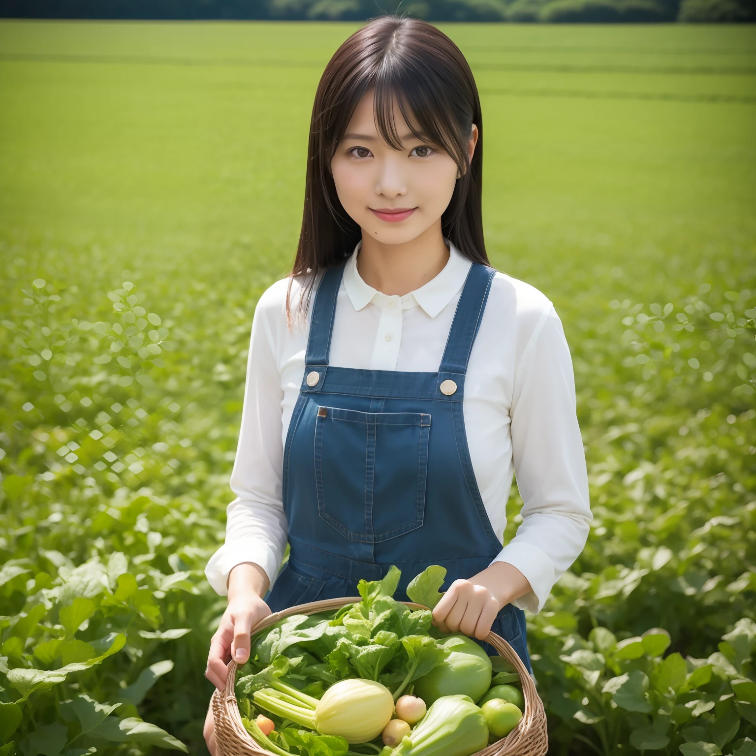 Farmer girl in Japan, Have freshly picked vegetables, The background is a field of Japan, black hair, Canon, UHD, highres, 4K