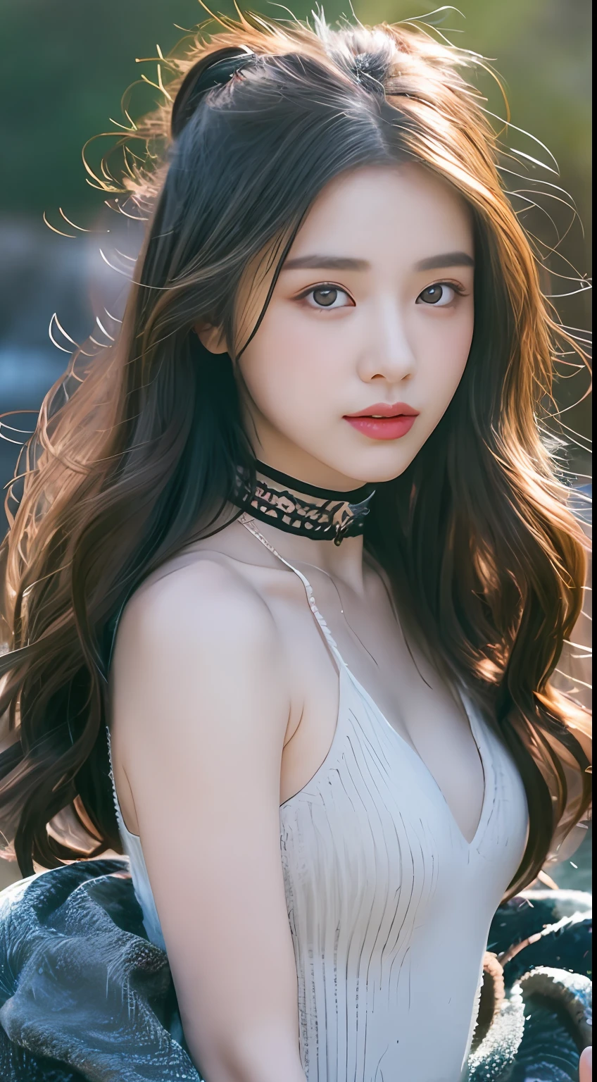Watery eyes，Love pupils，[is shy]，long whitr hair，Works of masters，Best image quality，超高分辨率，Higher quality，a beauty girl，femele，heart-shaped hair ornament，8K分辨率，pupils，Beautiful pupils，Be red in the face，eventide，oases，Magic ring，volumettic light，Cinematic lighting，natural soft light.Cascades waterfalls background，Not exposed,Full body photo，Full body like，
Setsugetsu Hōmoe Girl Light Shoulder，solo，The crystal clear water splash is perfectly reflected，The eyebrows have a pattern，Beautiful black eyes，Beautiful glow，best qualtiy，illustratio，tmasterpiece，The best production，Best quality at best，highly  detailed，extremaly detailed cg，illuminating，adolable，dingdall effect，Bare shoulders，depth of fields，Black water，Super cute，glaring，Beautiful
target，exquisite facial features，sprout，Black water particle effects，dream magical，float
of black luminescent particles，Burning hair，choker necklace
((tmasterpiece))，(（Highest image quality))，Beautiful CG，Blue-violet tones，sweet,Fashionable outfits