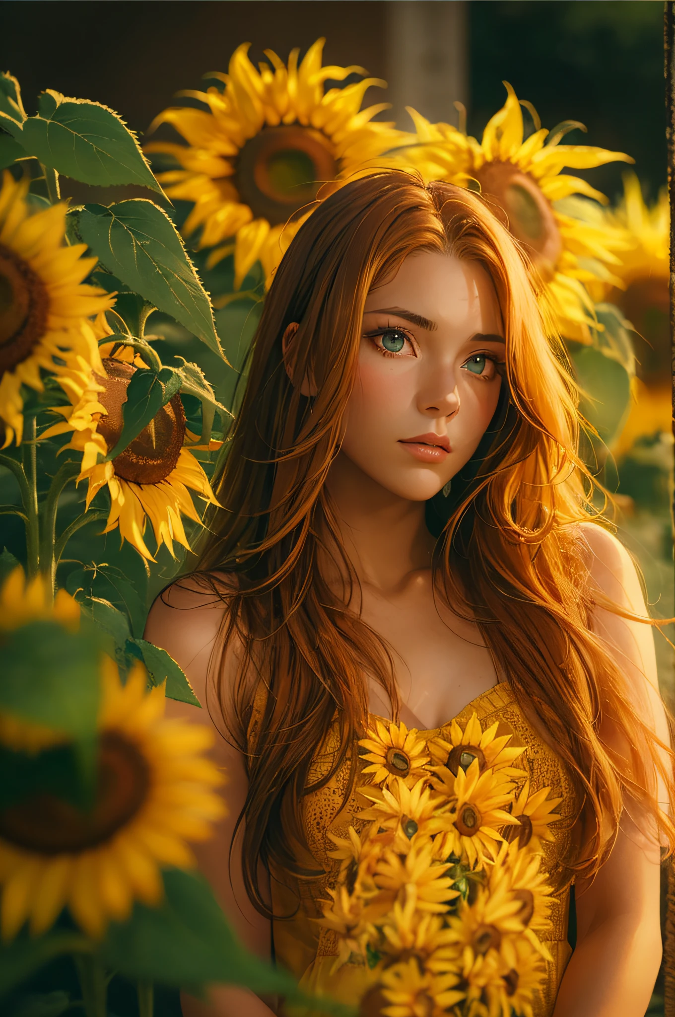 RAW, analog film, photography, zeiss otus 85mm f/1.4, film still, Fashion photography, a beautiful Scandinavian girl, adorable face, red long hair, no makeup, realistic skin texture, summer dress, (sunflowers:1.2), warm, low saturation, yellow, tonal color scheme, masterpiece, dramatic lighting