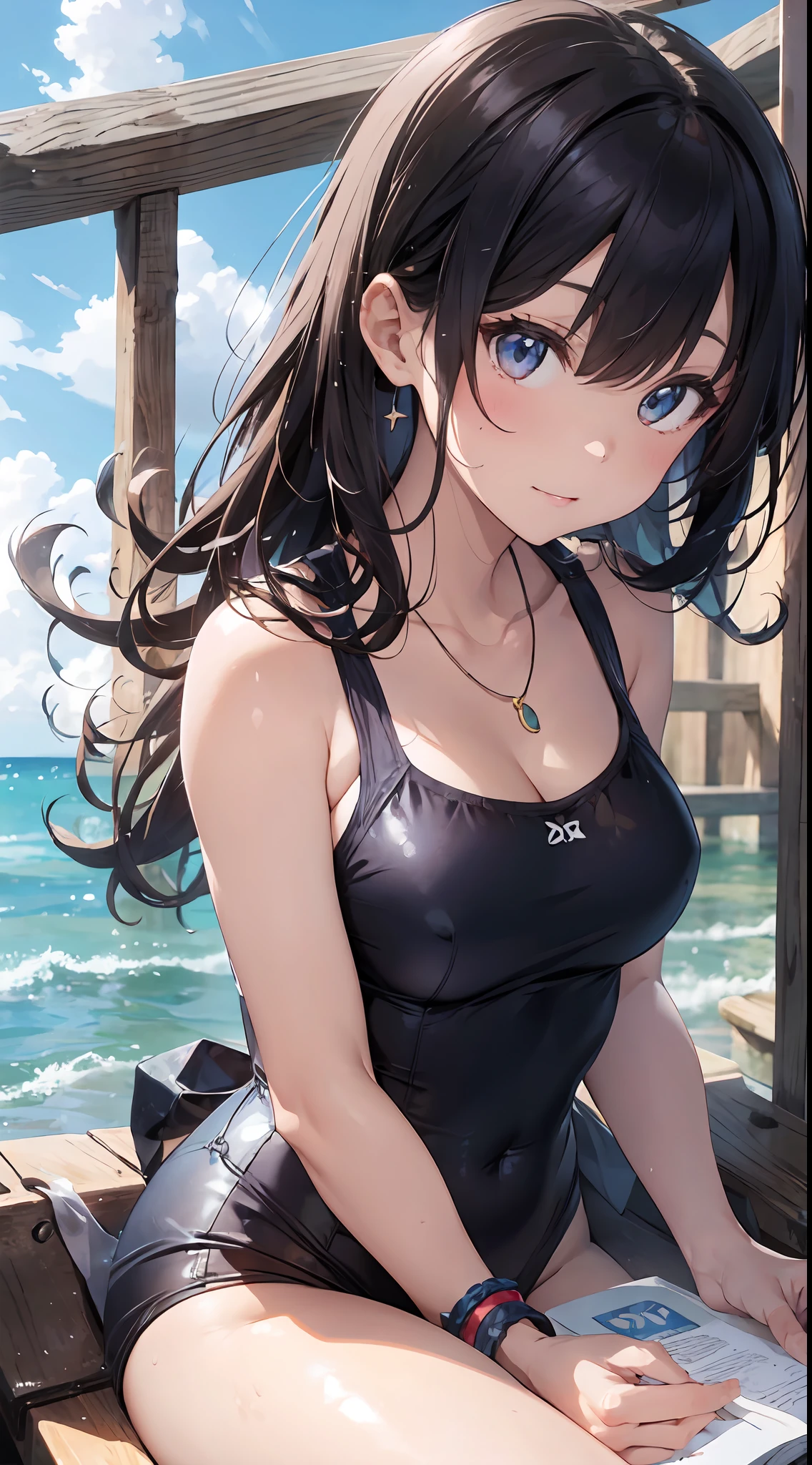 She was an attractive Japan college girl who loved the ocean。She had long, wavy black hair that fluttered in the wind.、Had deep, narrow eyes that sparkled like the sea。Her face is graceful and friendly、There was a delicate nose and plump lips。Her skin is smooth and radiant,、My cheeks were slightly red.。Her body is smooth and graceful.、Had natural curves and balance。She wore a white one-piece swimsuit。The swimsuit is made of cotton.、It felt soft and comfortable。The swimsuit has a halter neck that shows the shoulders and、With Roebuck showing his back、There were frills that added femininity。She wore a straw hat with a blue ribbon on it.、A cool and sparkling intelligence-enhancing bracelet made of glass of the same color as the eyes, and、A necklace made of shellfish that shows a love for the smooth and natural sea.、She also、I was wearing sturdy and durable casual and relaxed sandals made of leather.。
She was sitting on a wooden bench on the pier of a seaside town。The pier was surrounded by boats, fishing nets and seagulls。The sea is calm and blue、The horizon was clear and endless。The sky is clear and bright、The clouds were fluffy and white。The background has depth and perspective.、It looked realistic and three-dimensional。(quality: 2) (picture quality: 2) (detail: 2) (masutepiece: 2) (Official art: 2) (meticulously detailed masterpiece: 2) (realistic in every detail: 2)
She smiled kindly and looked at the camera、Showed a warm and sweet personality。She had a book on her lap。The book has a colorful cover with a picture of a mermaid.、It is made of paper and、It felt new and exciting。She opened the book and read the words softly。The words sounded like a fairy tale。She was holding an ice cream cone in her right hand。The ice cream cone has vanilla ice cream sprinkles on it.、It is made of milk,、It felt cold and creamy。She licked it with her tongue。It felt cute and playful。Although her eyes were expressive and charming,、At the same time, pure、Calm the viewer、There was also a s