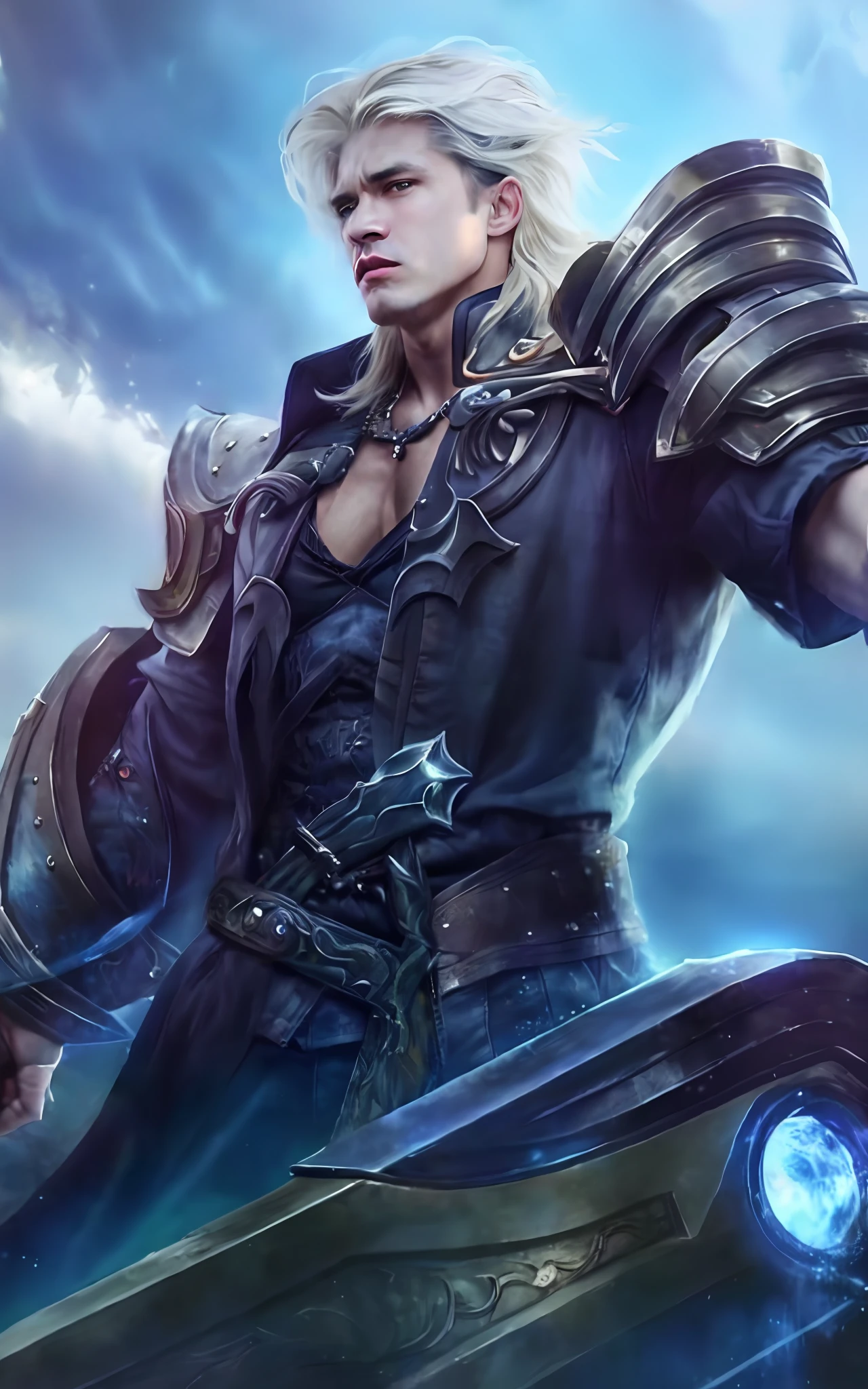 ((Best Quality, 4K, Masterpiece: 1.3)), a man with a sword and White wings, big eyes, perfect eyes, western man, western, Mullet Hairstyle, Mullet for man, mullet, thancred waters in style of wlop, a man with white hair, Sigma male, Muscle body, with armor hand, armor arm, 8K, HD, Ultra Realistic, extremely detailed, (Detailed:1.4)