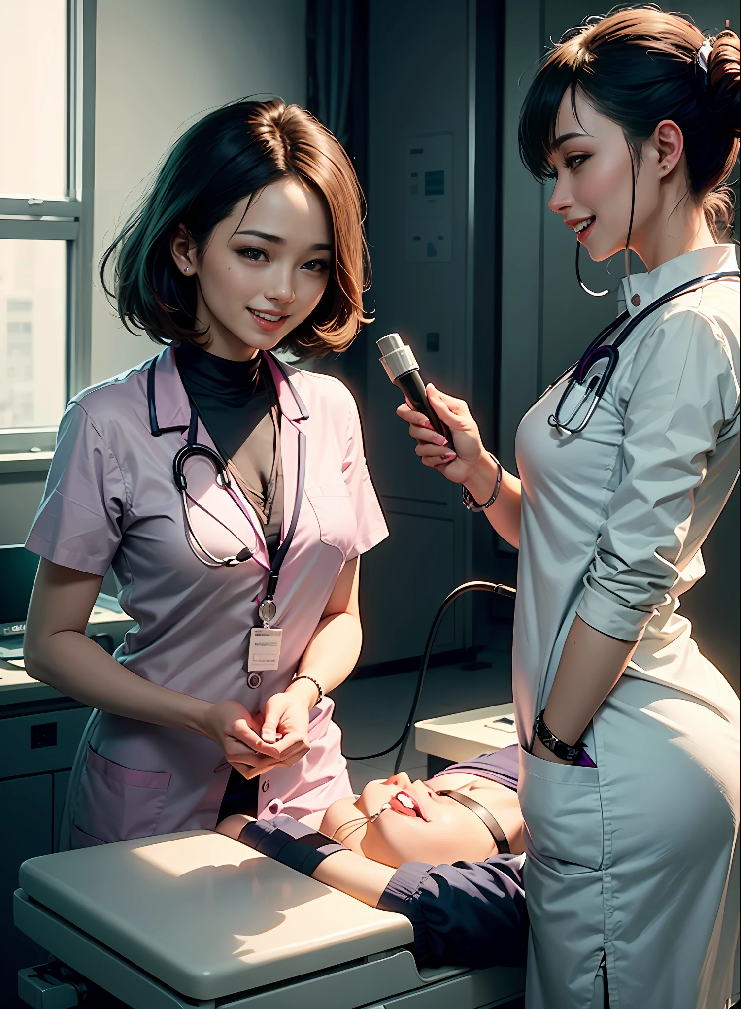 (8K、top-quality、​masterpiece:1.2)、(realisitic、Photorealsitic:1.37)、ultra-detailliert、Sadistic Female Doctor 2、Male patient lying on table 1、（Sadistic female doctor inserting long thick endoscopic camera on male patient:2）、surgery room、Female doctor with colonoscopy camera、 (Devilish Smile:1.15)、small tits,Beautiful fineness,(shirt with collar:1.1),Surgical gowns、Two female doctors in scrub suits are working on patients in hospital, surgery room, clean medical environment, medical image, surgery room, On the operating table, operate, With a stethoscope, yukio - e, surgery, Surgical effect, anesthetic, in house, dentist,A female doctor who loves abuse、Female doctor with sadistic propensity、Female doctor with a cruel personality、Female doctor treats patients as objects、A female doctor enjoying from the bottom of her heart、Female doctor with perverted habits、Female doctor excited and delighted、Devilish Smile、Look at viewers