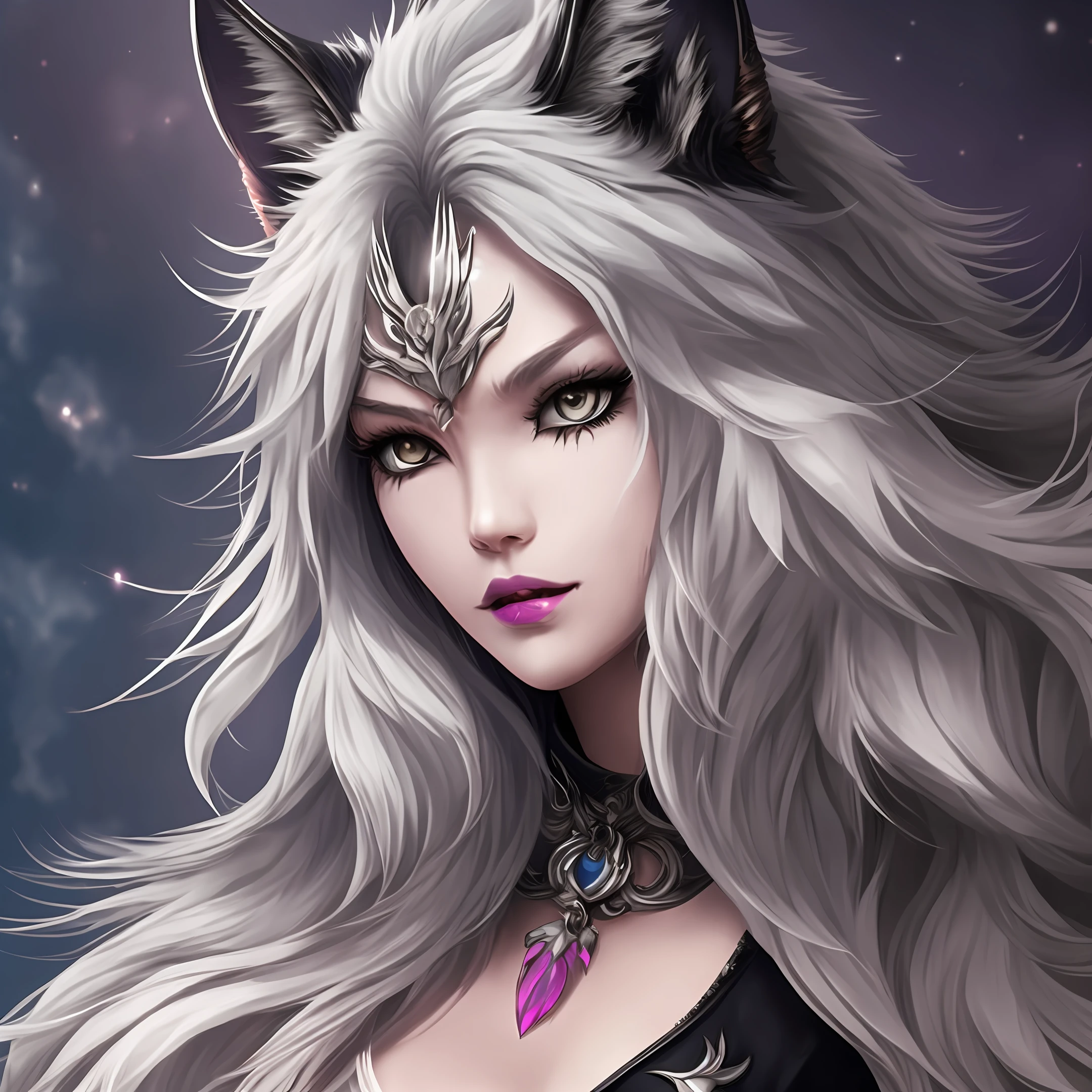 female body wolf, purple fur, long silver claws, arms outstretched, howl humain face, black skin, pink eyes, pink lips, prominent silver canine --auto --s2