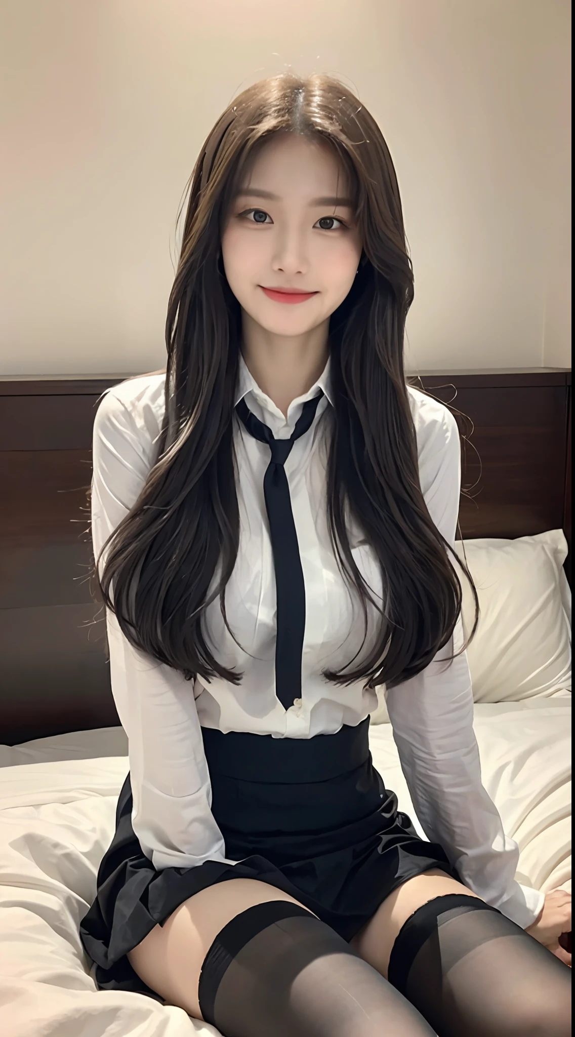 (1 Korean star with royal sister style), ((Best quality, 8K, 巨作: 1.3)), focal point: 1.2, Perfect body proportions: 1.4, (Make a smile), (Ray traching),Watery eyes, Highly Detailed Face and Skin Textur, Fine eyes, Double eyelids, Whitens the skin, (long whitr hair, Air bangs: 1.3), (face round: 1.5), (Student uniform: 1.4), (duck sitting,sit on a bed: 1.6),(black lence stockings: 1.4),(film grain style:1.3),a sense of atmosphere