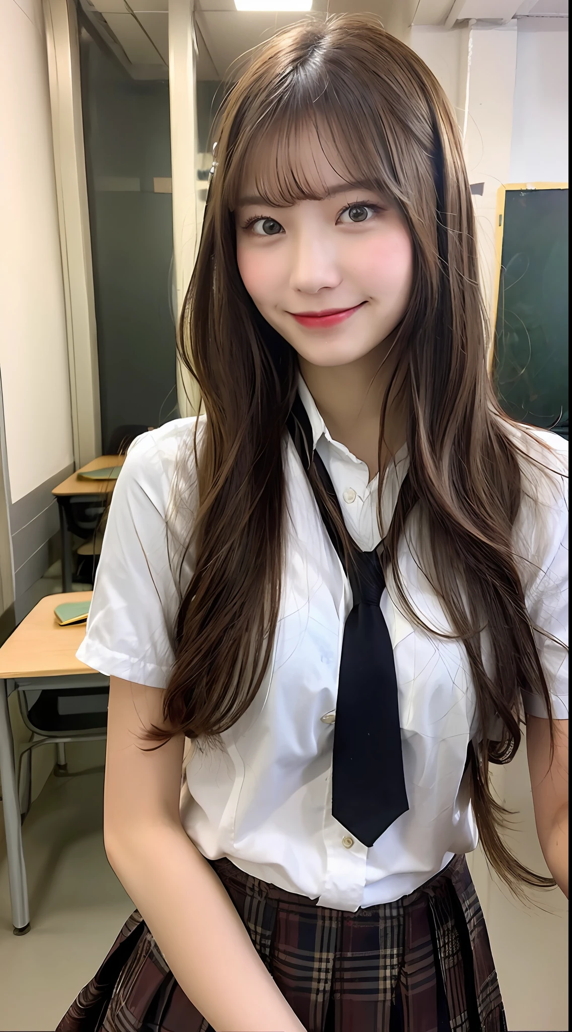 (1) Hair length　Medium
(2) Hair color　Brown hair
(3) Smile or not　Smiling face
(4) Other images you want to reflect
Sexy is NG、High school girl in Japan uniform、The location is a school classroom