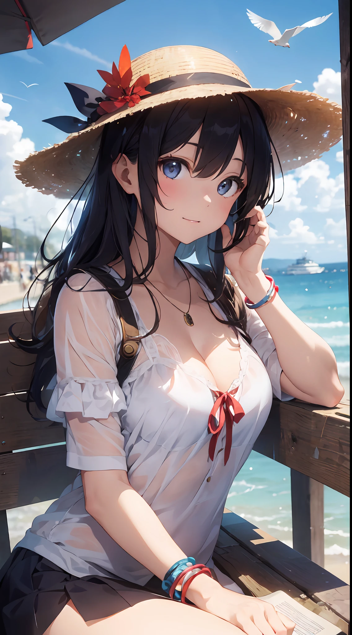 She was an attractive Japan college girl who loved the ocean。She had long, wavy black hair that fluttered in the wind.、Had deep, narrow eyes that sparkled like the sea。Her face is graceful and friendly、There was a delicate nose and plump lips。Her skin is smooth and radiant,、My cheeks were slightly red.。Her body is smooth and graceful.、Had natural curves and balance。She wore a white one-piece swimsuit。The swimsuit is made of cotton.、It felt soft and comfortable。The swimsuit has a halter neck that shows the shoulders and、With Roebuck showing his back、There were frills that added femininity。She wore a straw hat with a blue ribbon on it.、A cool and sparkling intelligence-enhancing bracelet made of glass of the same color as the eyes, and、A necklace made of shellfish that shows a love for the smooth and natural sea.、She also、I was wearing sturdy and durable casual and relaxed sandals made of leather.。
She was sitting on a wooden bench on the pier of a seaside town。The pier was surrounded by boats, fishing nets and seagulls。The sea is calm and blue、The horizon was clear and endless。The sky is clear and bright、The clouds were fluffy and white。The background has depth and perspective.、It looked realistic and three-dimensional。(quality: 2) (picture quality: 2) (detail: 2) (masutepiece: 2) (Official art: 2) (meticulously detailed masterpiece: 2) (realistic in every detail: 2)
She smiled kindly and looked at the camera、Showed a warm and sweet personality。She had a book on her lap。The book has a colorful cover with a picture of a mermaid.、It is made of paper and、It felt new and exciting。She opened the book and read the words softly。The words sounded like a fairy tale。She was holding an ice cream cone in her right hand。The ice cream cone has vanilla ice cream sprinkles on it.、It is made of milk,、It felt cold and creamy。She licked it with her tongue。It felt cute and playful。Although her eyes were expressive and charming,、At the same time, pure、Calm the viewer、There was also a s