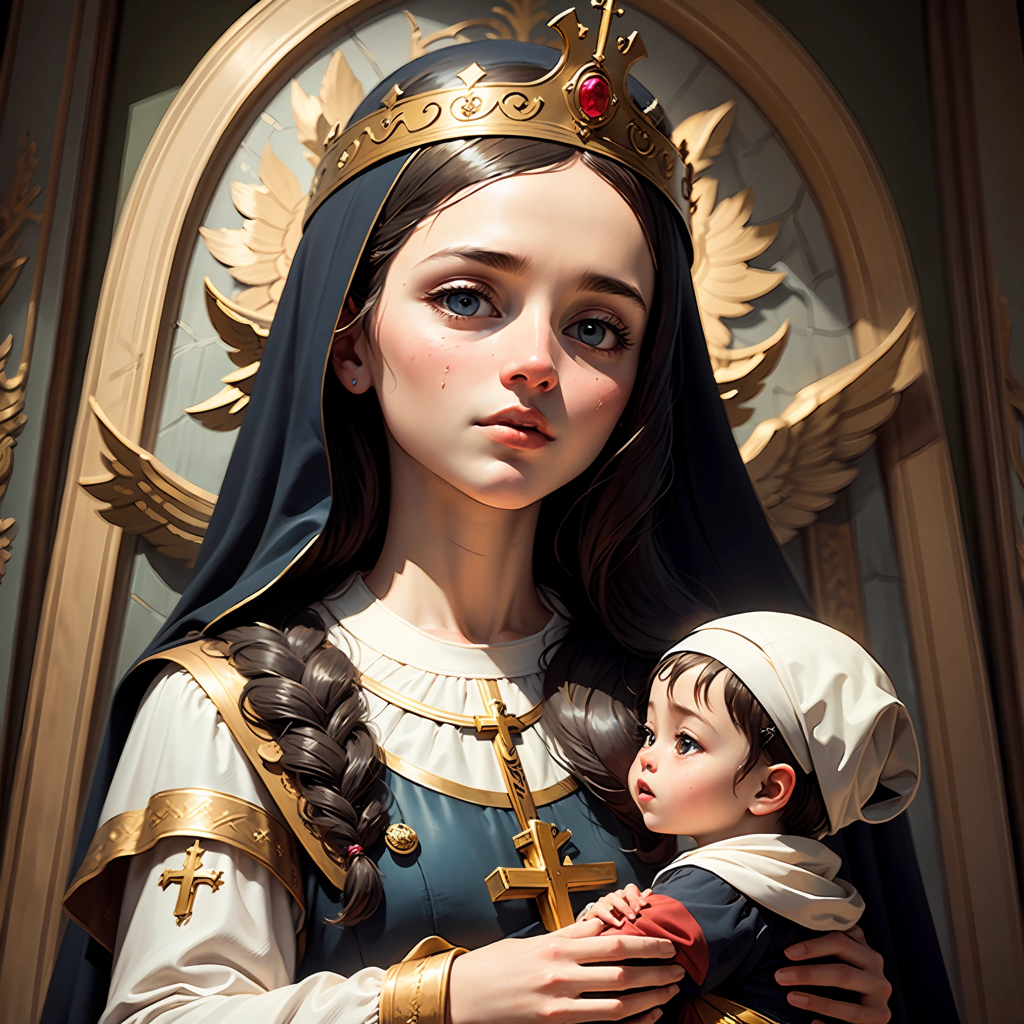 a painting of Mary with a Jesus, catholic religious art, with infant Jesus, religious art, religious painting, religious masterpiece portrait, religious imagery, holy themed, holy, queen of heaven, religious iconography, holy and beautiful, holy imagery, virgin Mary, catholic icon, stock art, roman catholic icon, godly figures --auto
