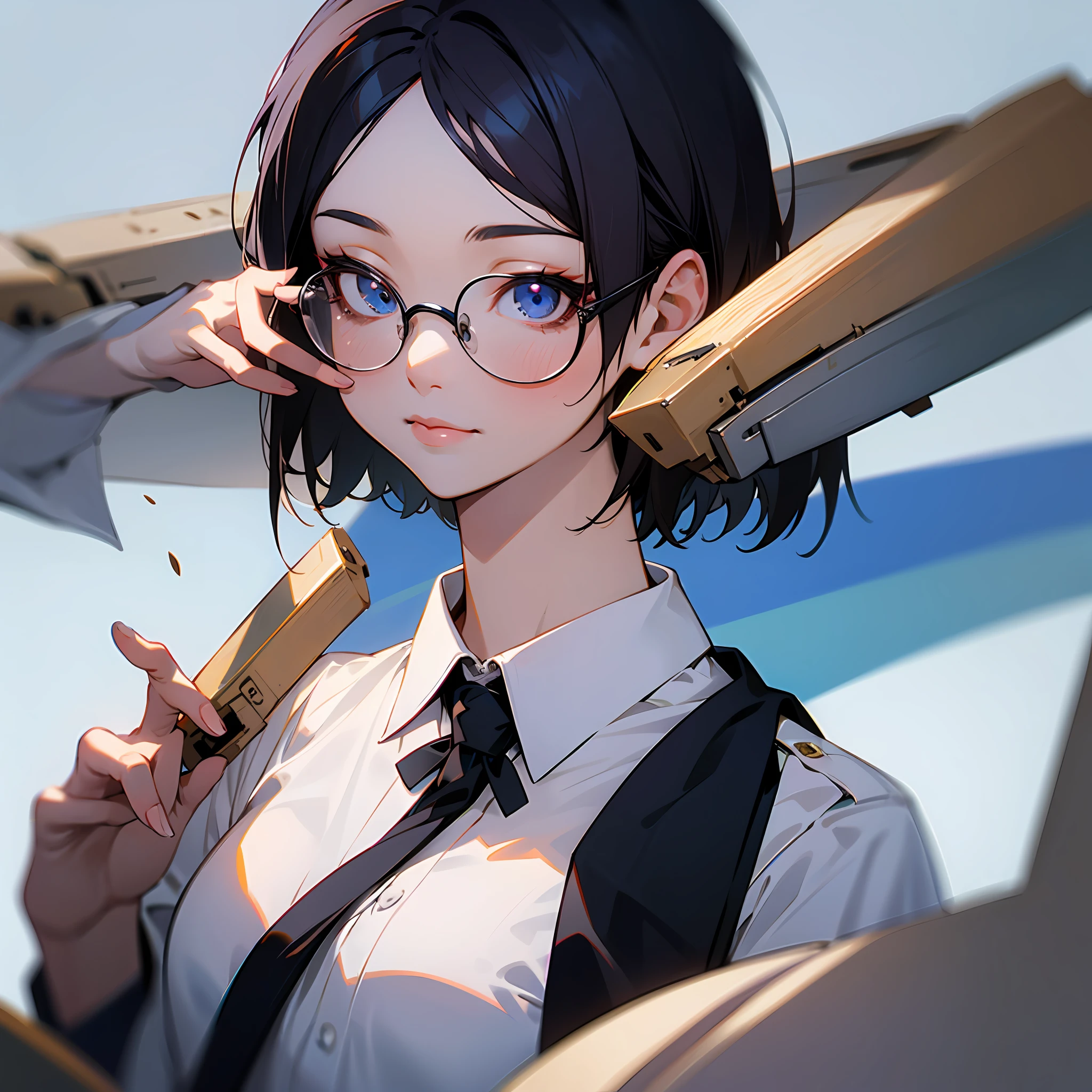 a asian beauty,Real Human,short detailed hair,schoolgirls,eye glass,white shirt,The upper part of the body,ultraclear,,