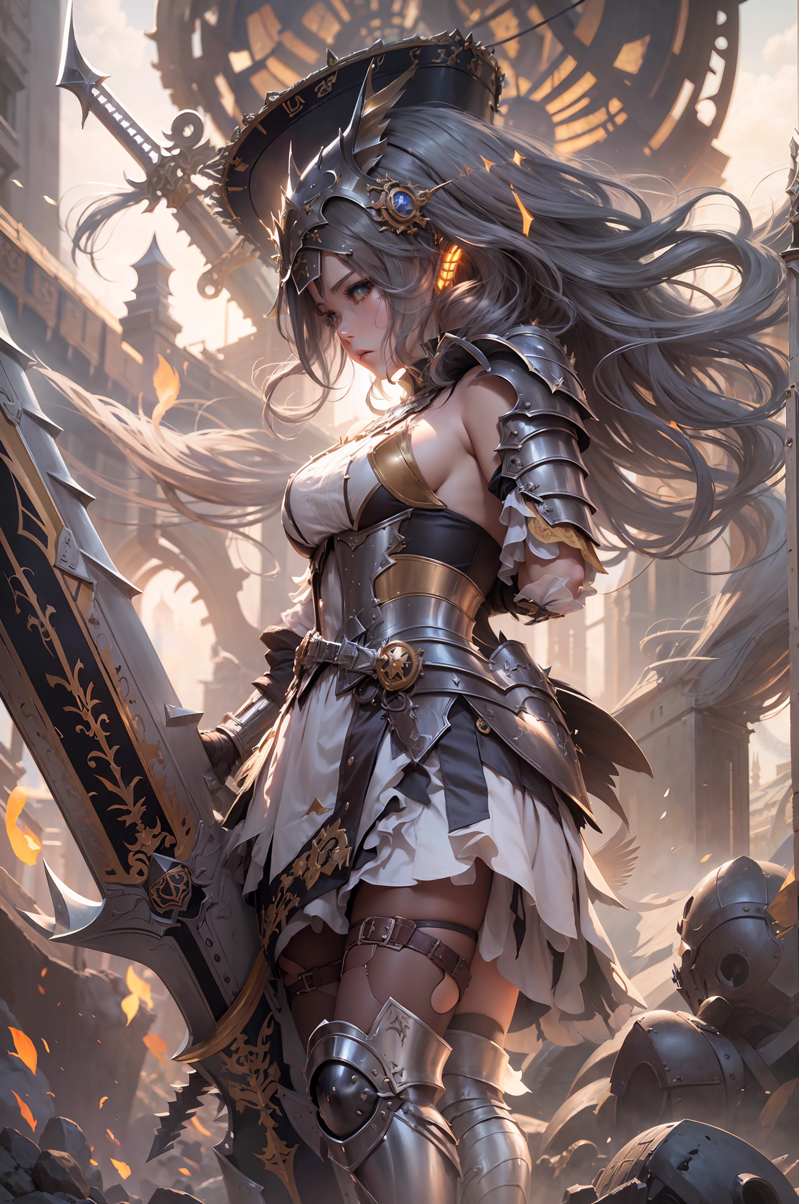 Anime girl with sword and armor standing in front of a huge structure, gorgeous female paladin, 2. 5 D CGI anime fantasy artwork, by Yang J, chengwei pan on artstation, Kushatt Krenz Key Art Women, Extremely detailed Artgerm, Armor Girl, of a beautiful female knight, fantasy paladin woman, detailed fantasy art, beautiful female knight
