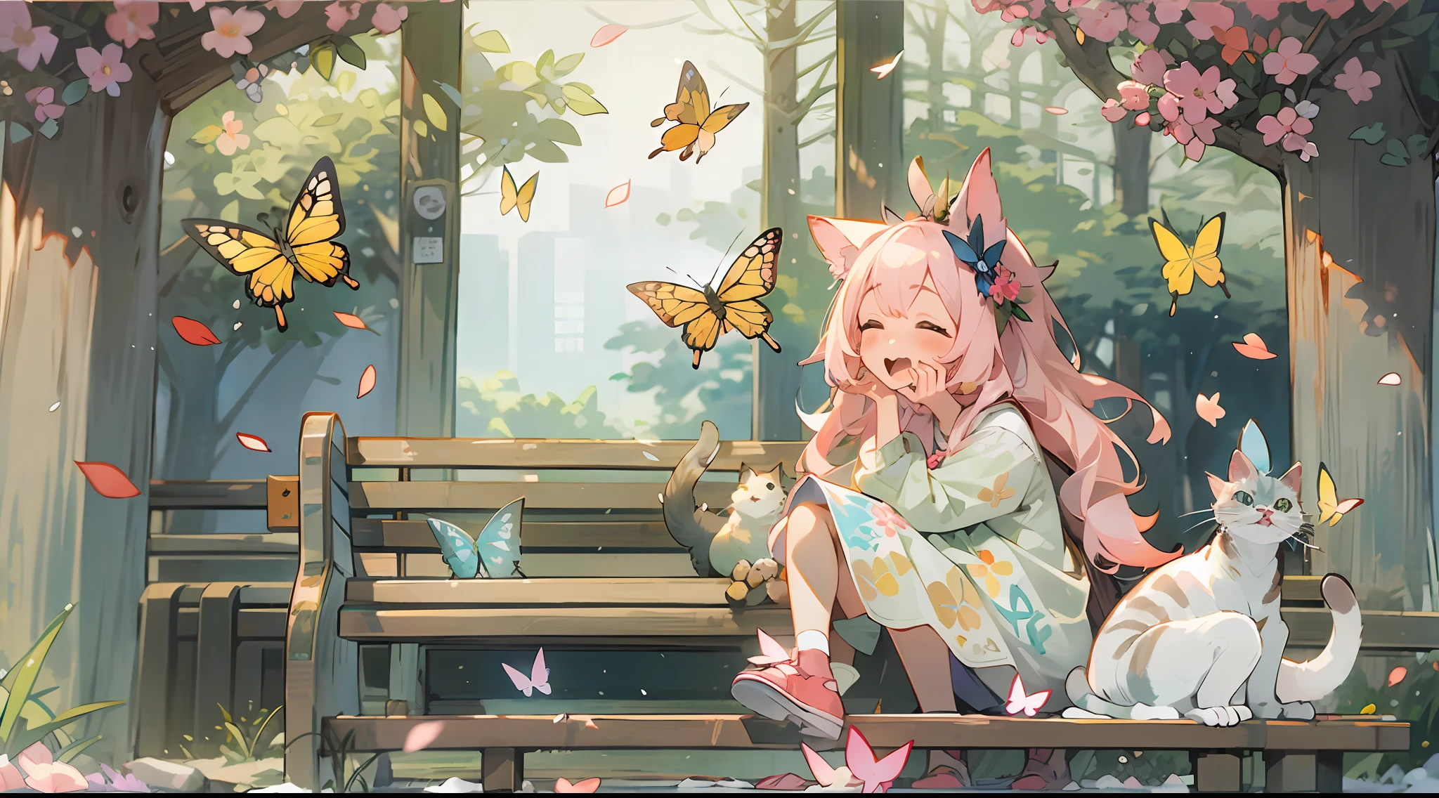 Girl sitting on bench with cat and butterfly、Yawning face、season!!: 🌸 ☀ 🍂 ❄