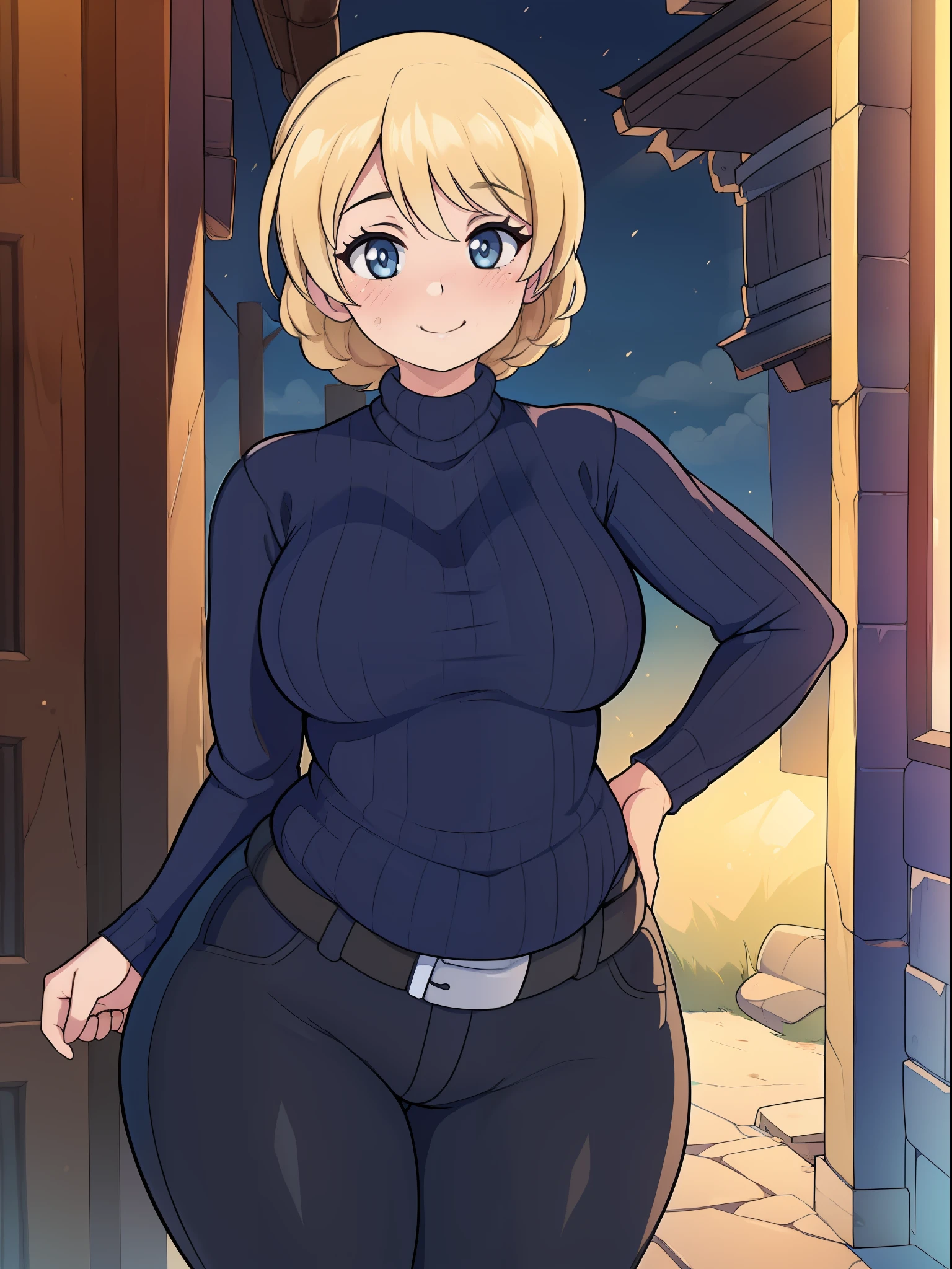 (((kipteitei art))), ((masterpiece)), (((best quality))), ((ultra-detailed)), (((illustration))), detailed face, ultra cute face, detailed body, ((1girl)), ((solo)), girls und panzer, blonde hair, Darjeeling, (dark blue turtle neck sweater), (tight sweater), black pants, belt, taut clothes, (tight pants), medium breasts, (pudgy), soft belly, (wide hips), (((thick thighs))), walking down town, on date with viewer, looking at viewer, cowboy shot, dynamic angle, cute pose, blush, soft smile, affectionate, flirting, happy, cloudy day,