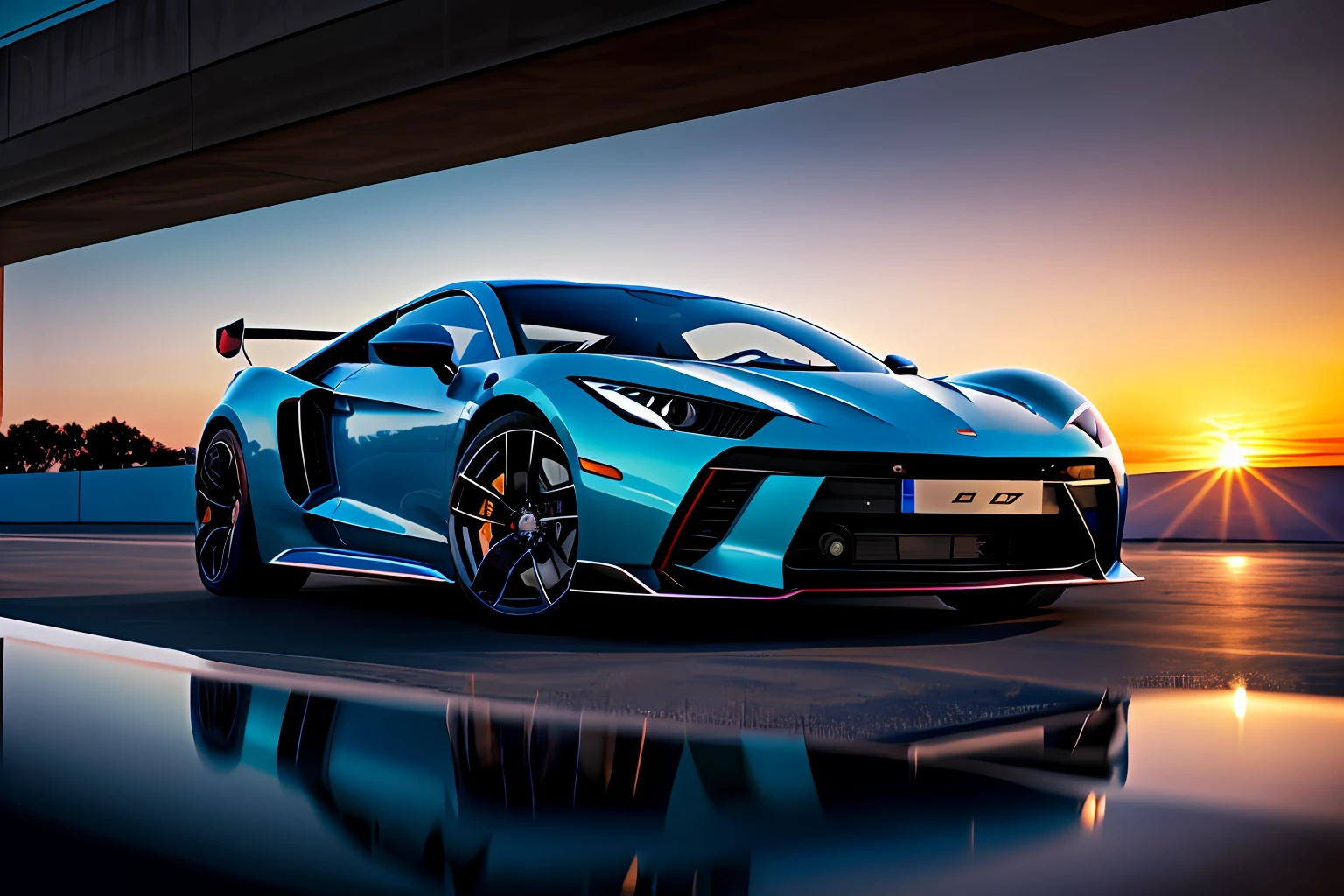 Sport car, sunset, Surrealism, high detail, Hyperrealism, reflection light, 8k, super detail, highres, 1080P, 16k, best quality, super detail