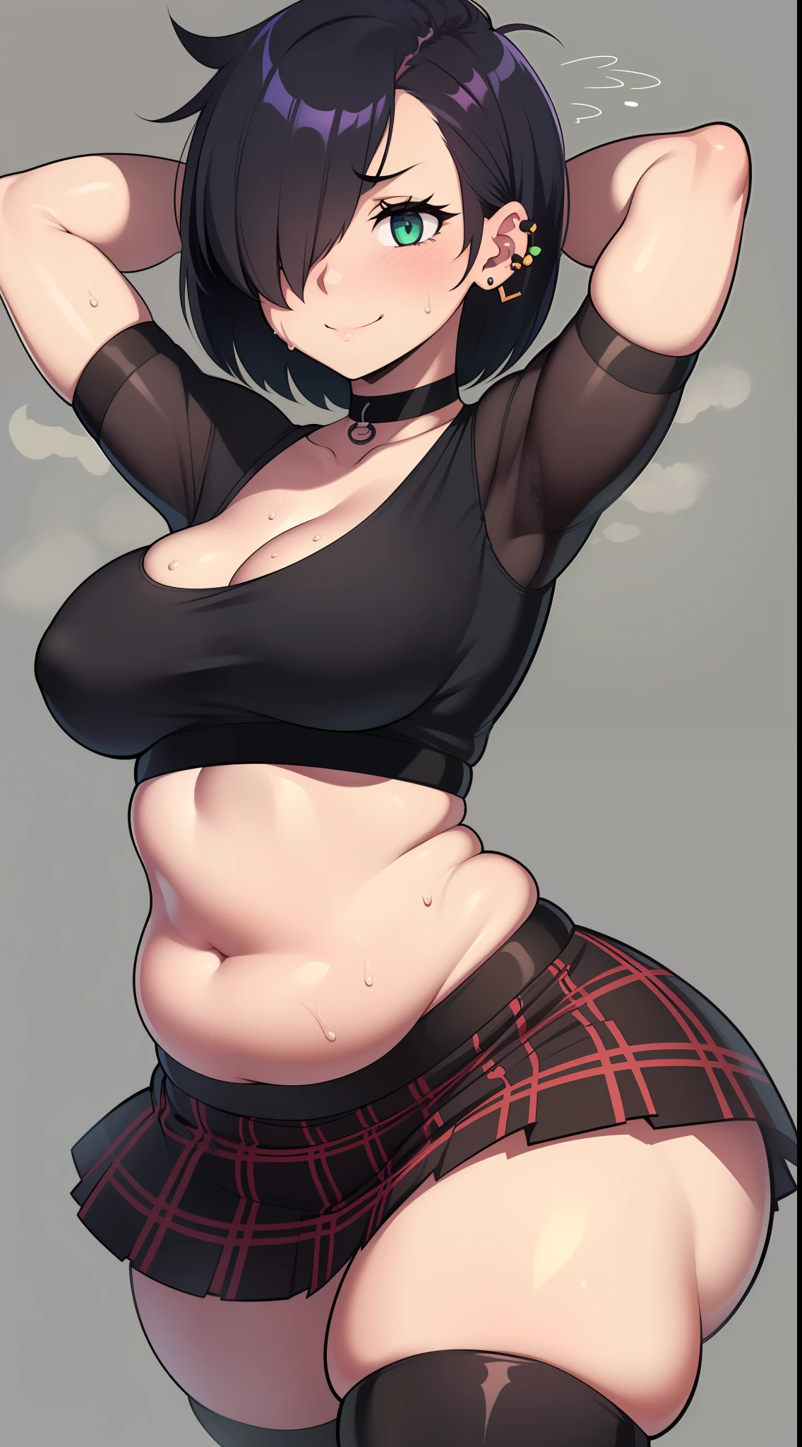 (((kipteitei art))), ((masterpiece)), (((best quality))), ((ultra-detailed)), (((illustration))), (1girl), (solo), ((Line art)), (in the style of cell shaded), (vivid colors), skindentation, short hair, {black hair}, ((hair over one eye)), (Fluffy hair), messy hair, looking at viewer, green eyes, blush, warm smile, nervous, affectionate, cute, goth girl, sweating,out of breath, ear piercing, choker, ((black crop top)), plaid skirt, (short skirt), thigh highs, black arm warmers, medium breasts, cleavage, ((wide hips)), ((((thick thighs)))), (chubby belly), belly rolls, navel, dynamic pose, simple background, standing, angled facing, facing to the side, ((mall))