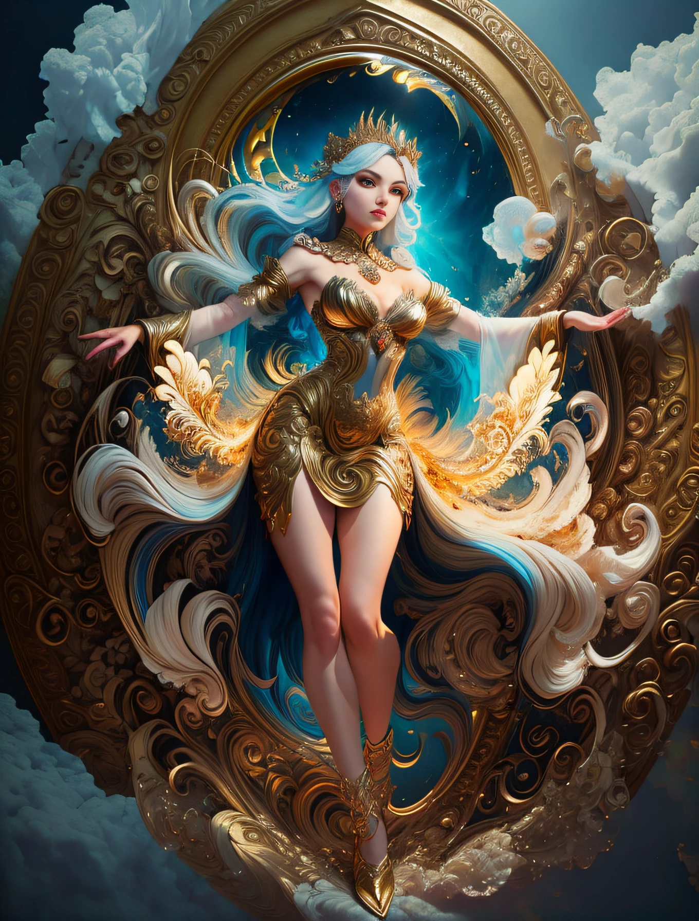 face by tom bagshaw art station, Moon Goddess, full length figure, contemptuous gaze, detailed face, 1.4), gold decoration, plain black background, beautiful Caucasian girl closeup, dynamic moving body, digital art, splash, full body, Sakimichan art, oriental mandala tattoo, fractal background, silver and gold and bronze spirit, floating antique clock, antique lamp, splash, seductive pose, visible pubic hair , visible small breasts, full body, beautiful European Caucasian girl, sexy lady beauty, bare breasts, open neckline, clothing transparent fabric, standing, realistic, highest detail, holy holy, golden eyes, heavenly palace, countless palaces, clouds, golden light, golden lotus, (tianchi bath), pubic hair view, splash, full body, Sakimichan art, slight smile, seductive pose, visible pubic hair, full body, transparent clothes, Jean-Bapti style ste monge, shiny, beautiful girl, glittering, cute adorable filigree, edge lighting, lights, surreal, fantasy, digital art, wlop, artgerm and james jean, floating antique clock, antique lamp, floating antique clock, tom bagshaw art station face, the perfect masterpiece, highest quality, the perfect artwork, 8K, upper body lens, frontal portrait, delicate face, looking at the audience, beautiful girl, magical transparent eyes, platinum hair and 3d fractals, colorful illustration, anime cartoon style, face of tom bagshaw art station, dreamy glow, golden, goddess maiden, flame, flowing female full body, close-up of beautiful caucasian girl, body in motion dynamic, fluent, 3d fractals, light particles, spiritual ink, soft, glittering, minimalistic style, 16k, intricate art masterpiece, open legs, see-through clothing, goddess maiden , 1 sexy girl in transparent forest clothes, exposed breasts, open transparent T-shirt