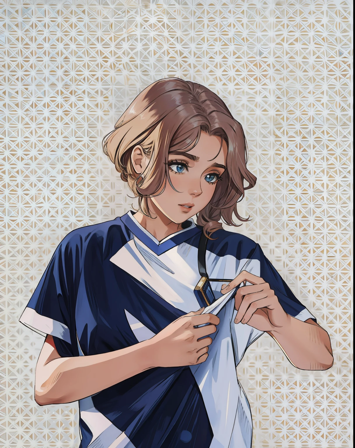mulher de cabelo curto segurando blusa
