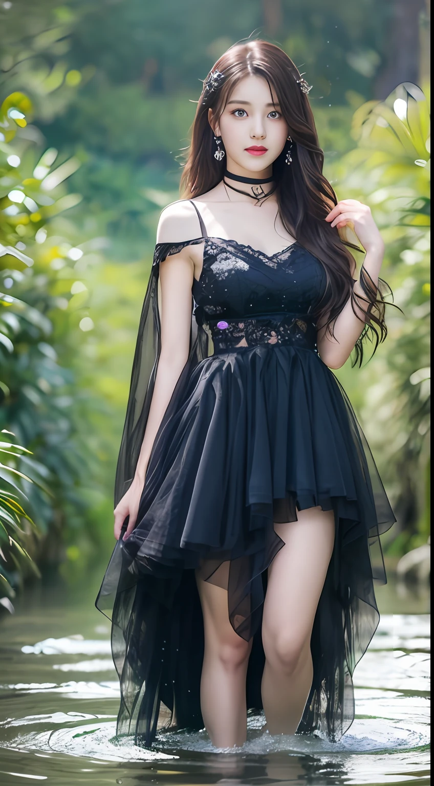 Watery eyes，Love pupils，[is shy]，long whitr hair，Works of masters，Best image quality，超高分辨率，Higher quality，a beauty girl，femele，heart-shaped hair ornament，8K分辨率，pupils，beautiful pupil，Be red in the face，eventide，oases，Magic ring，volumettic light，Cinematic lighting，Natural soft light.Cascades waterfalls background，Not exposed,Full body photo，Full body like，Setsugetsu Hōmoe Girl Light Shoulder，Solo，The crystal clear water splash is perfectly reflected，The eyebrows have a pattern，Beautiful black eyes，Beautiful glow，best qualtiy，illustratio，tmasterpiece，The best production，Best quality at best，highly  detailed，extremaly detailed cg，illuminating，adolable，Dingdall effect，Bare shoulders，depth of fields，Black water，Super cute，Glaring，Absolutely beautiful，Exquisite facial features，sprout，Black water particle effects，dream magical，Floating black glowing particles，Burning hair，choker necklace((tmasterpiece))，(（Highest image quality))，Beautiful CG，Blue-violet tones，Sweet，Fashionable outfits