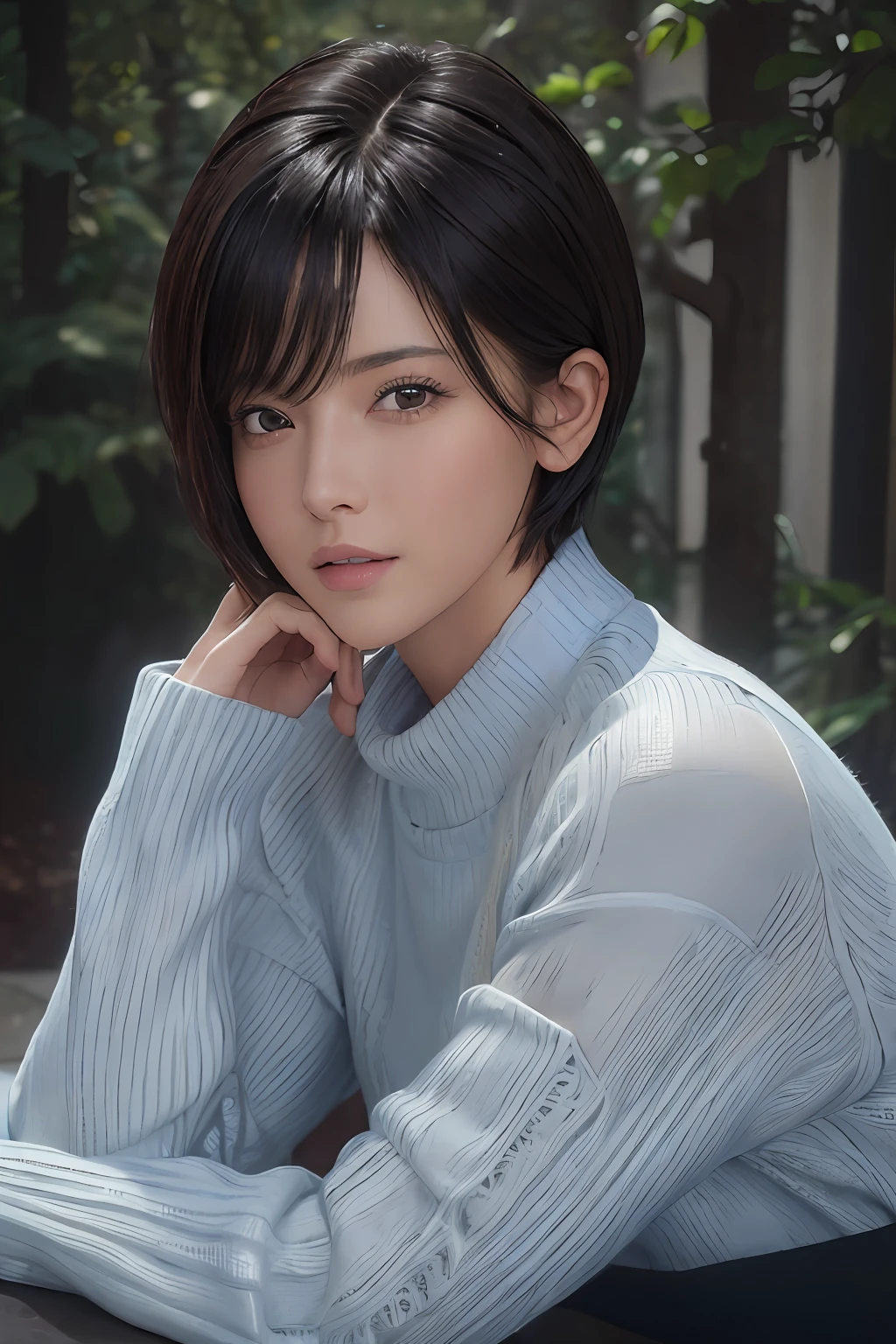 (masterpiece:1.3), (8k, photorealistic, RAW photo, best quality: 1.4), (1girl), beautiful face, (realistic face), (black hair, short hair:1.3), beautiful hairstyle, realistic eyes, beautiful detailed eyes, (realistic skin), beautiful skin, (sweater), absurdres, attractive, ultra high res, ultra realistic, highly detailed, golden ratio