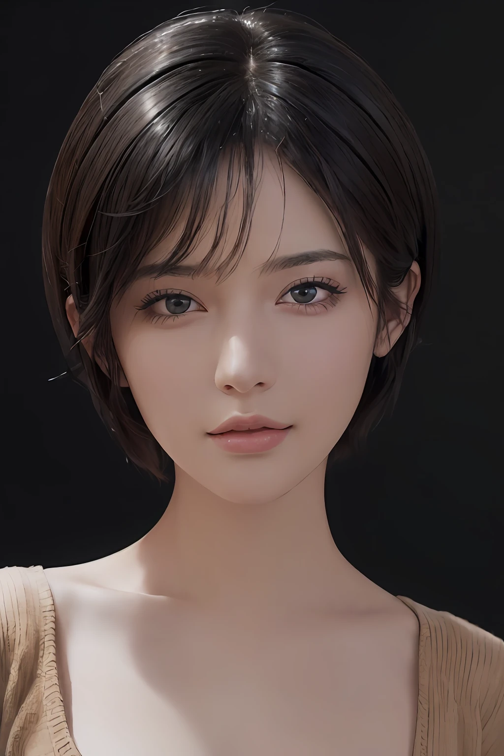 (masterpiece:1.3), (8k, photorealistic, RAW photo, best quality: 1.4), (1girl), beautiful face, (realistic face), (black hair, short hair:1.3), beautiful hairstyle, realistic eyes, beautiful detailed eyes, (realistic skin), beautiful skin, (sweater), absurdres, attractive, ultra high res, ultra realistic, highly detailed, golden ratio