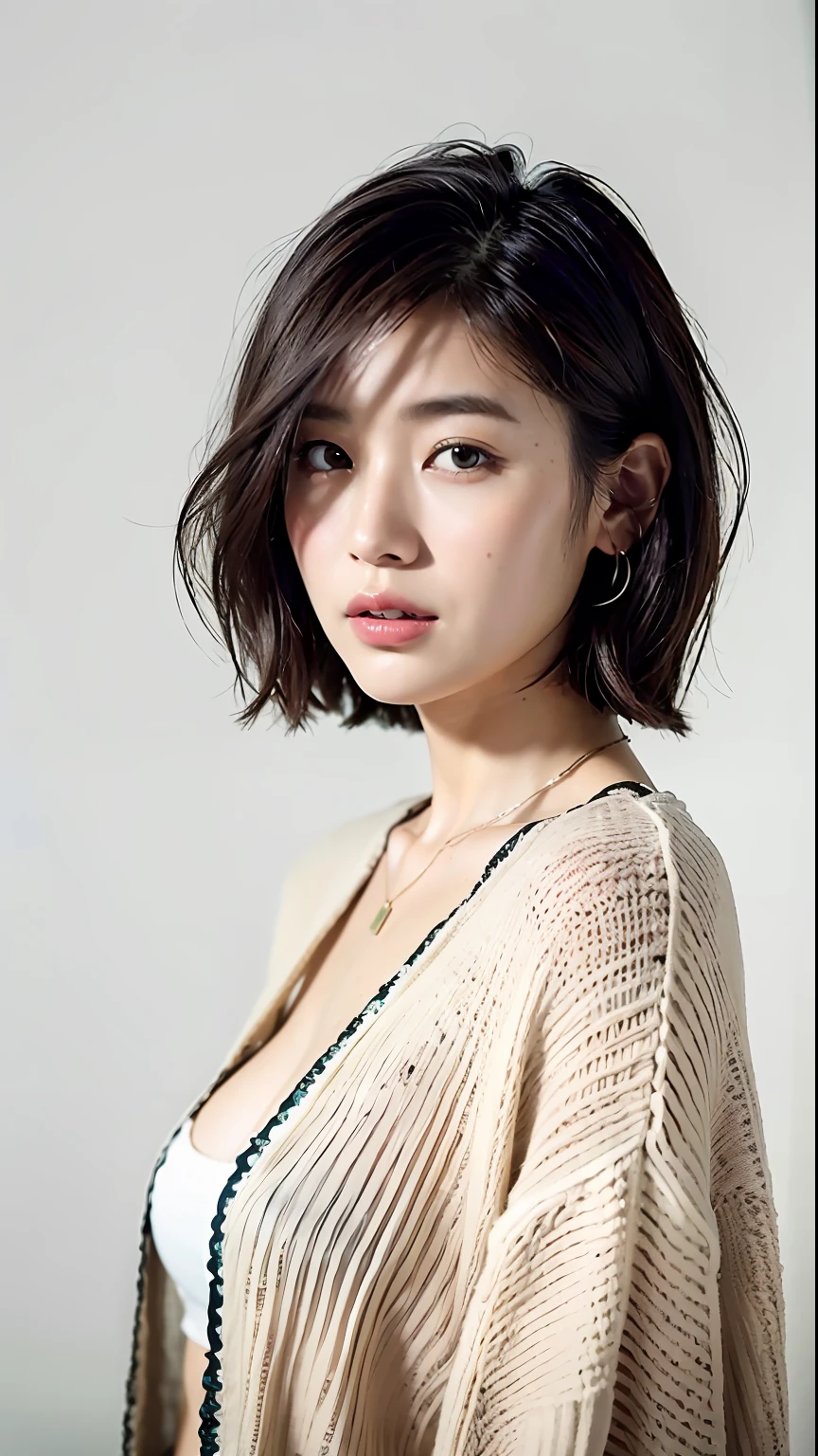 (Best quality, 8k, 32k, Masterpiece, UHD:1.2),Photo of Pretty Japanese woman, large breasts, very short bob hair,upper body,face focus,oversized_sweater, necklace, simple background, from above, looking at viewer,