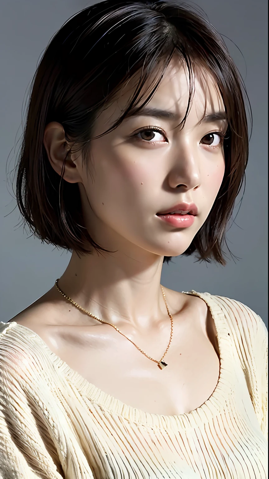 (Best quality, 8k, 32k, Masterpiece, UHD:1.2),Photo of Pretty Japanese woman, large breasts, very short bob hair,upper body,face focus,oversized_sweater, necklace, simple background, from above, looking at viewer,