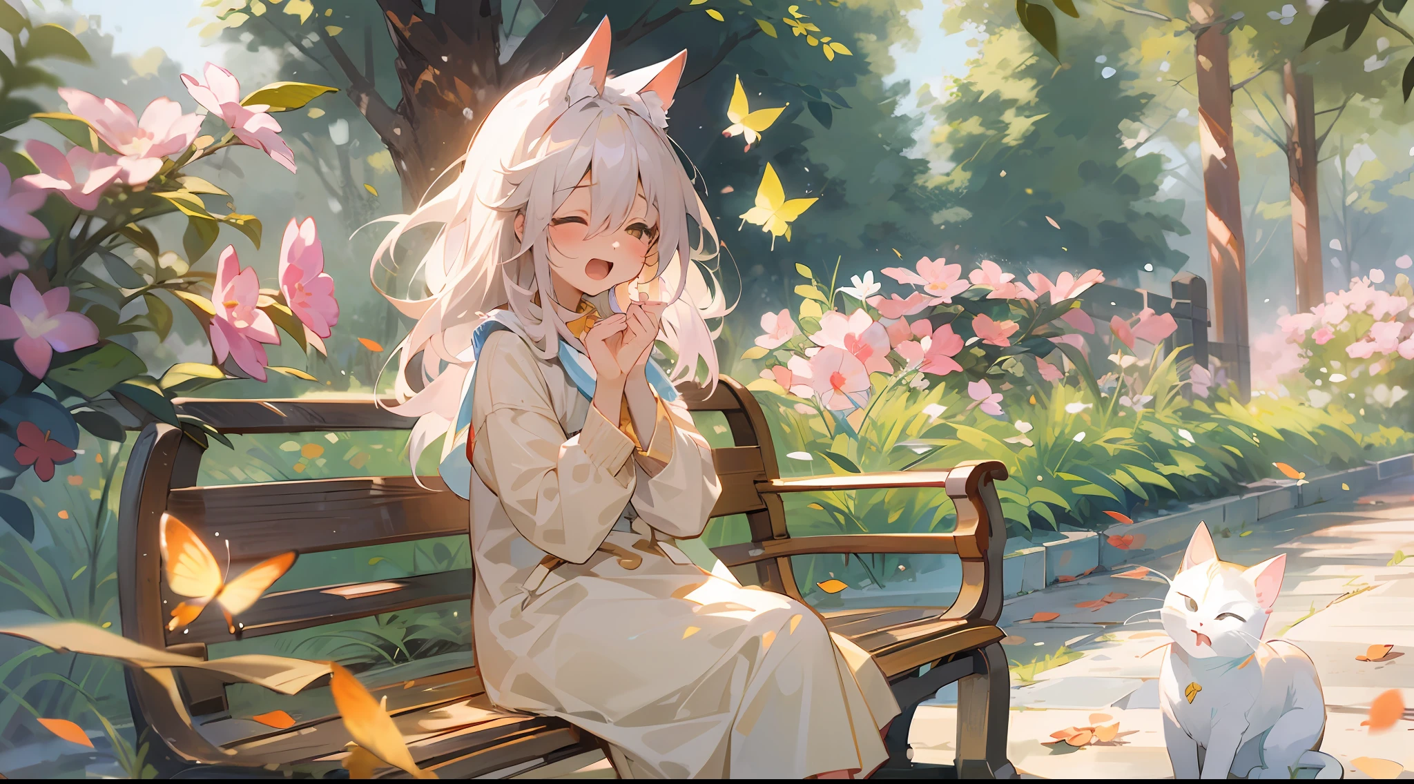 Girl sitting on bench with cat and butterfly、Yawning face、Open one eye、season!!: 🌸 ☀ 🍂 ❄