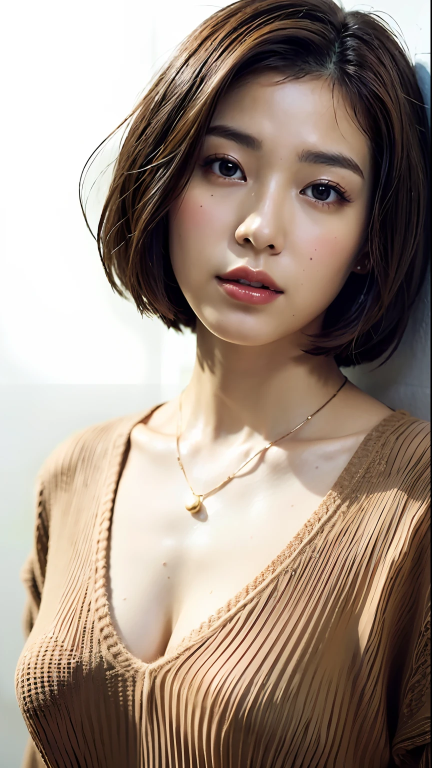 (Best quality, 8k, 32k, Masterpiece, UHD:1.2),Photo of Pretty Japanese woman, large breasts, very short bob hair,upper body,face focus,oversized_sweater, necklace, simple background, from above, looking at viewer,