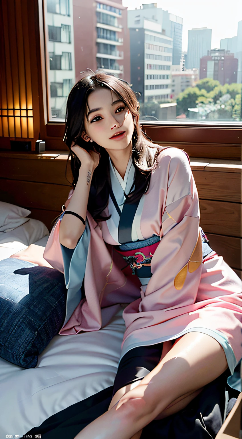 best qualtiy、​masterpiece、photoRealstic、intricate-detail、Raw foto、Photon Rendering、Octane Rendering、absurderes、ultra-detailliert、A detailed face、Detailed skin、Trending in art stations、8K Masterpiece、lighting like a movie、( (1girl in))、((独奏) ))、CG Social Trends、Plastic En、((Black Long Hair))、((Beautuful Women))、(A smile)、Upper teeth、Fashionable、Hair that flutters in the wind、((Flowing hair))、fashion magazine、((A sexy))、((lighting like a movie)、((indirect lighting)、、(ssex)、Grinning、(View from a distance)、((kimono))、Hair is up、Lying in bed、Expose、an legs、