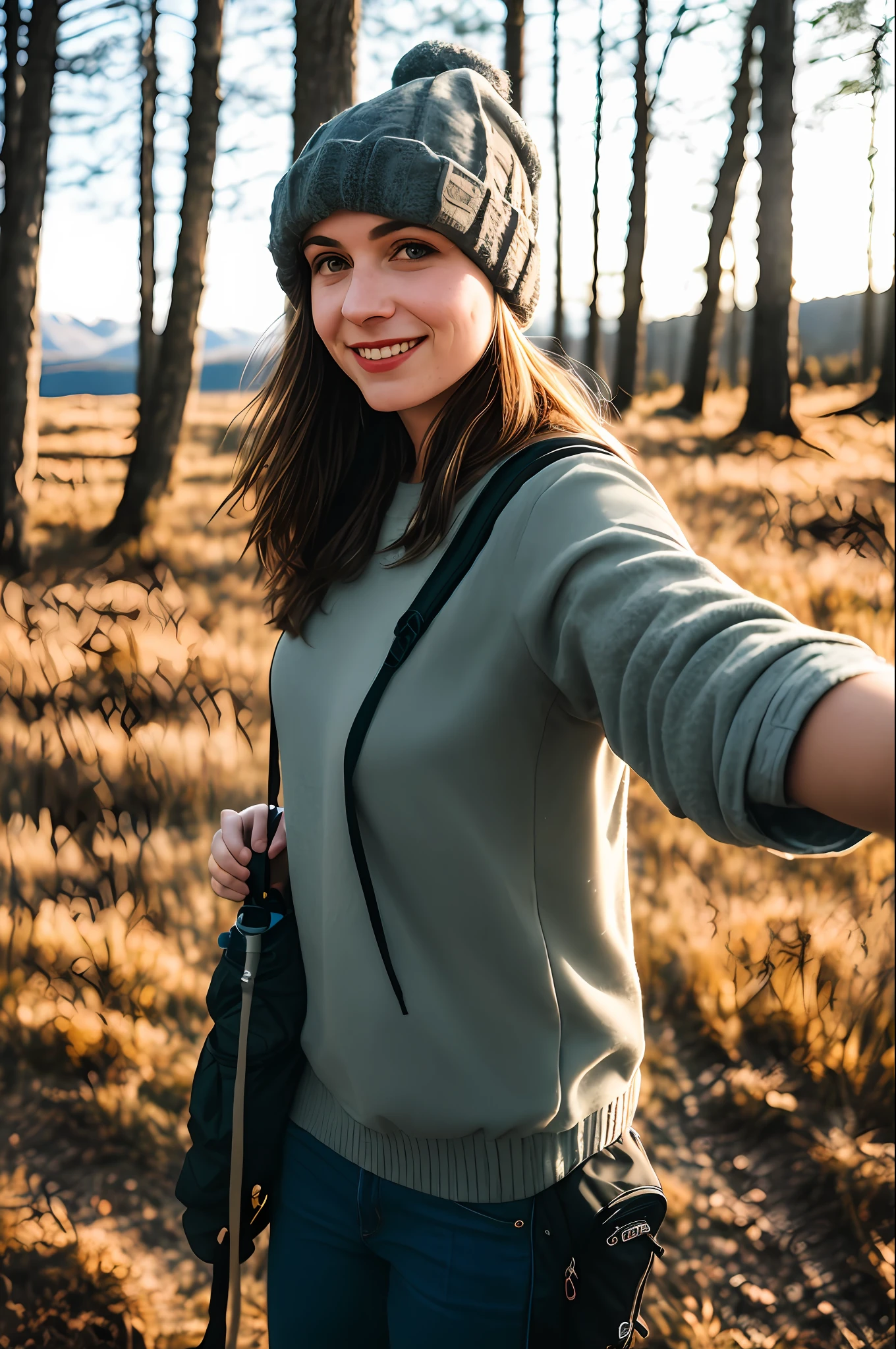 1 woman((upper body selfie, happy)), masterpiece, best quality, ultra-detailed, solo, outdoors, (night), mountains, nature, (stars, moon) cheerful, happy, backpack, sleeping bag, camping stove, water bottle, mountain boots, gloves, sweater, hat, flashlight, forest, rocks, river, wood, smoke, shadows, contrast, clear sky, analog style (look at viewer:1.2) (skin texture) (film grain:1.3), (warm hue, warm tone) :1.2), close up, cinematic light, sidelighting, ultra high res, best shadow, RAW, upper body, wearing pullover