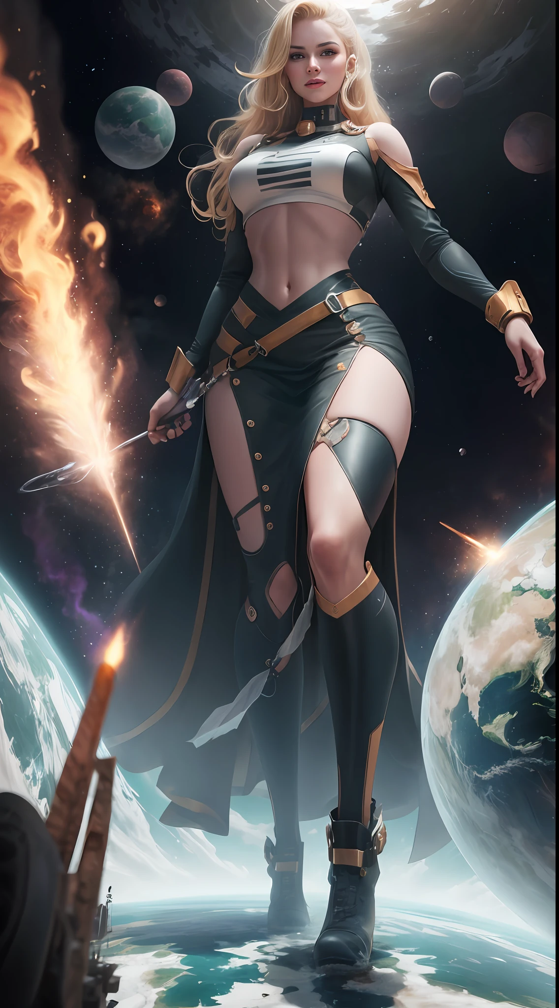 (((Towering over you))), giant woman in provocative crop top, blonde hair, smirking, standing on a planet in space with her full body in view, furrowed brow