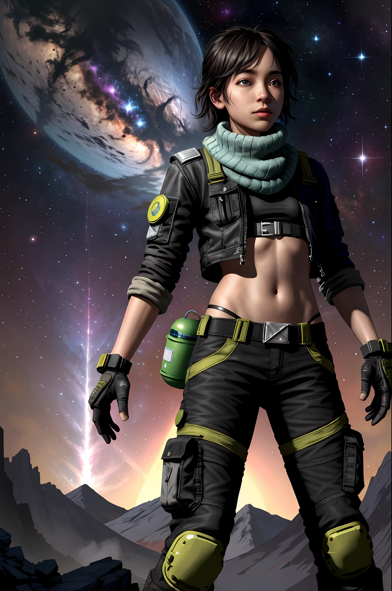 DollieNobodySD15 Post-apocalyptic, Shabby scavenger suit: Worn, dust-covered black jacket, Cargo pants with patchwork repair, Sturdy combat boots with worn boots, partially fingerless gloves, Multi-purpose scarf. Keith Parkinson Galactic Observatory, Space Observatory, studying distant galaxies, Black holes and cosmic phenomena. Bright morning sunlight (zrpgstyle) (tmasterpiece: 1.2) (beste-Qualit: 1.2) (Detailed) (an intricate) (8k) (HDR) (电影灯光) (Clear Focus)