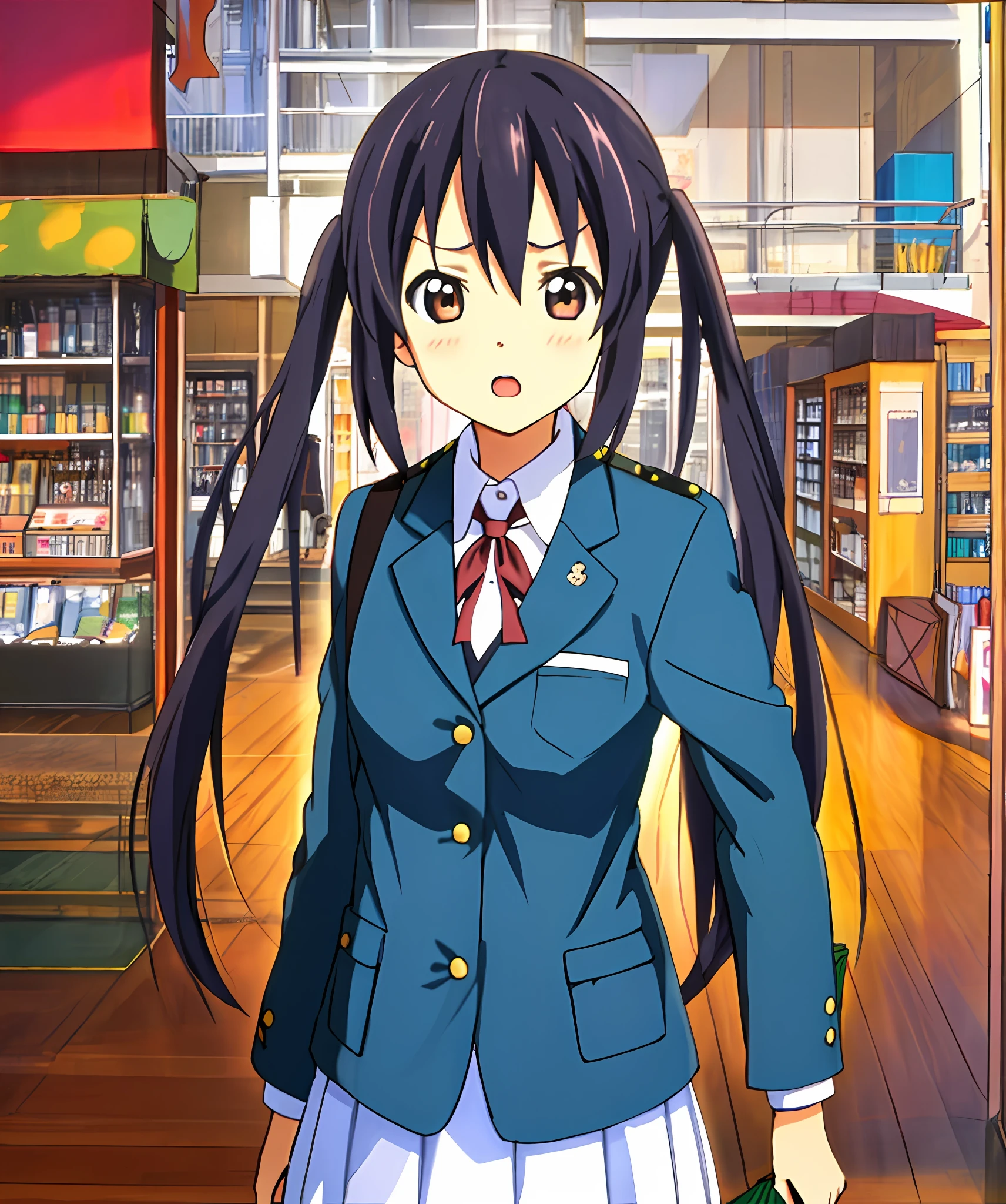 1girl in, (((masterpiece))), top-quality, top-quality, high details, nakano azusa, 1girl in, Sakuragaoka High School Uniform,student clothes, Twin-tailed, length hair, A dark-haired, Brown-eyed, 独奏, reddish, Dark blue blazer with thin red ribbon, Solid white buttoned shirt under blazer, illustratio, comic strip, Soothing tones, Subdued Color, Soft cinematic light, adobe lightroom, Photolab, nffsw, intricately and hyper-detailed、(((depth of fields))))。(((masterpiece)))。(((top-quality))).)((ultra-detailliert)))。(((illustratio)))。(((takeout))).Dynamic Focus.Small breasts.(((Skyscrapers))).(((A city scape))).(((Face of sadness))). Open mouth.(((put hands on the hip))).(((up chest))).