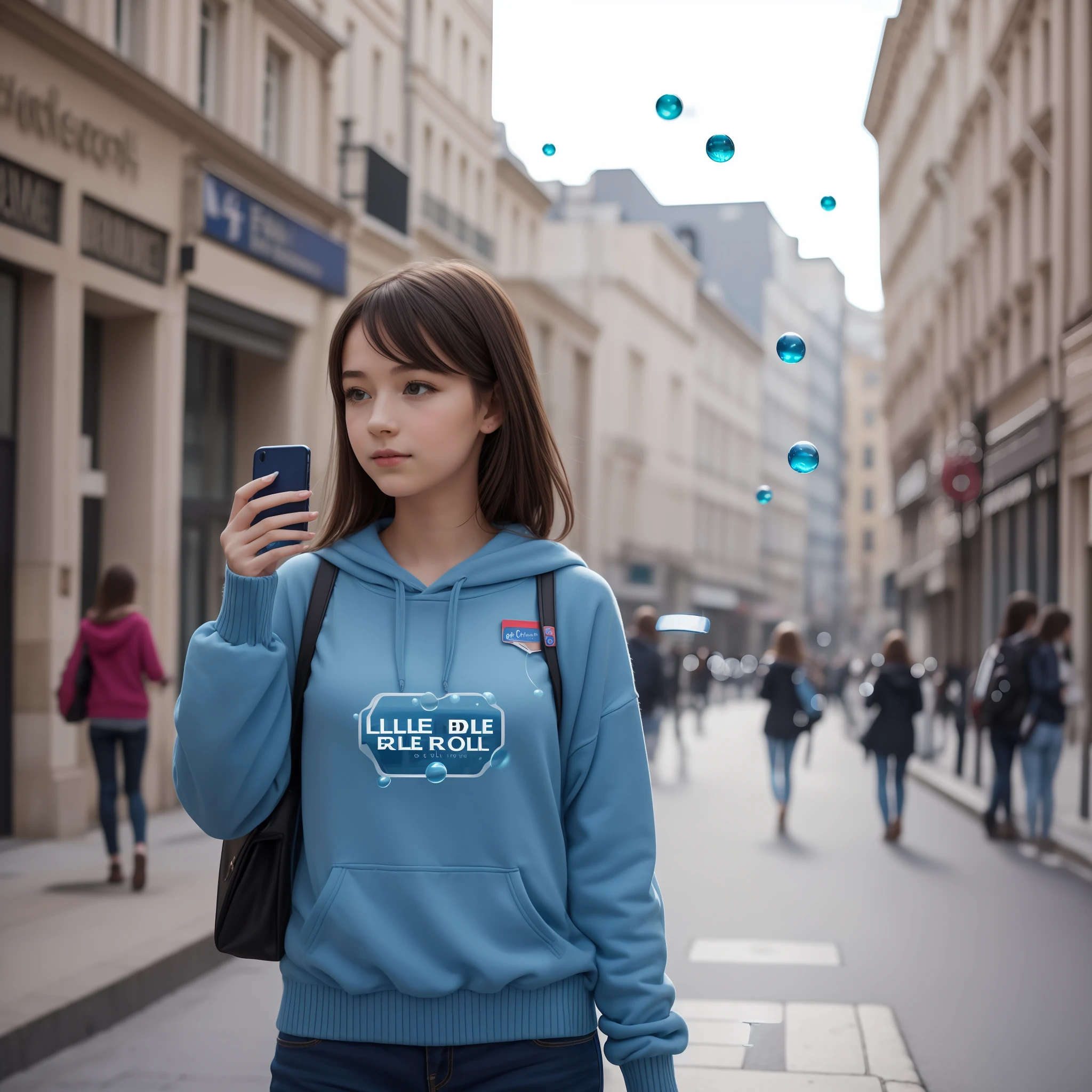 fille aux cheveux bleu roi et pull bleu royal avec le logo de Facebook sur celui-ci. Small blue bubbles fly behind her The girl holds a phone. There is a background of the city. La fille danse.