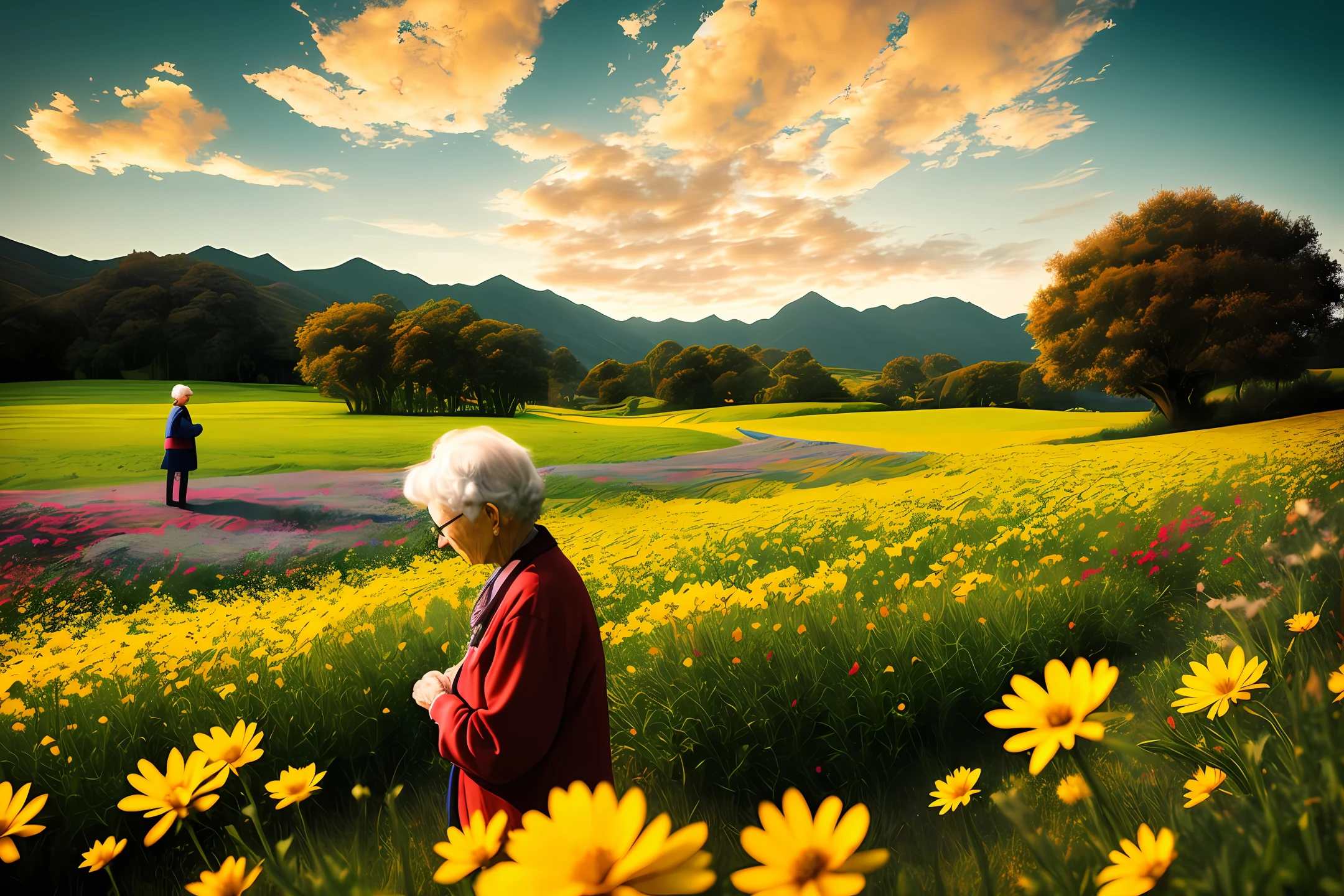 An elderly woman in a field full of flowers praying golden sky dramatic ultra realistic fine quality well detailed masterpiece intricate photorealistic canon 50 cinematic atmosphere peace depth of field 1:2 award winning photo great focus great composition