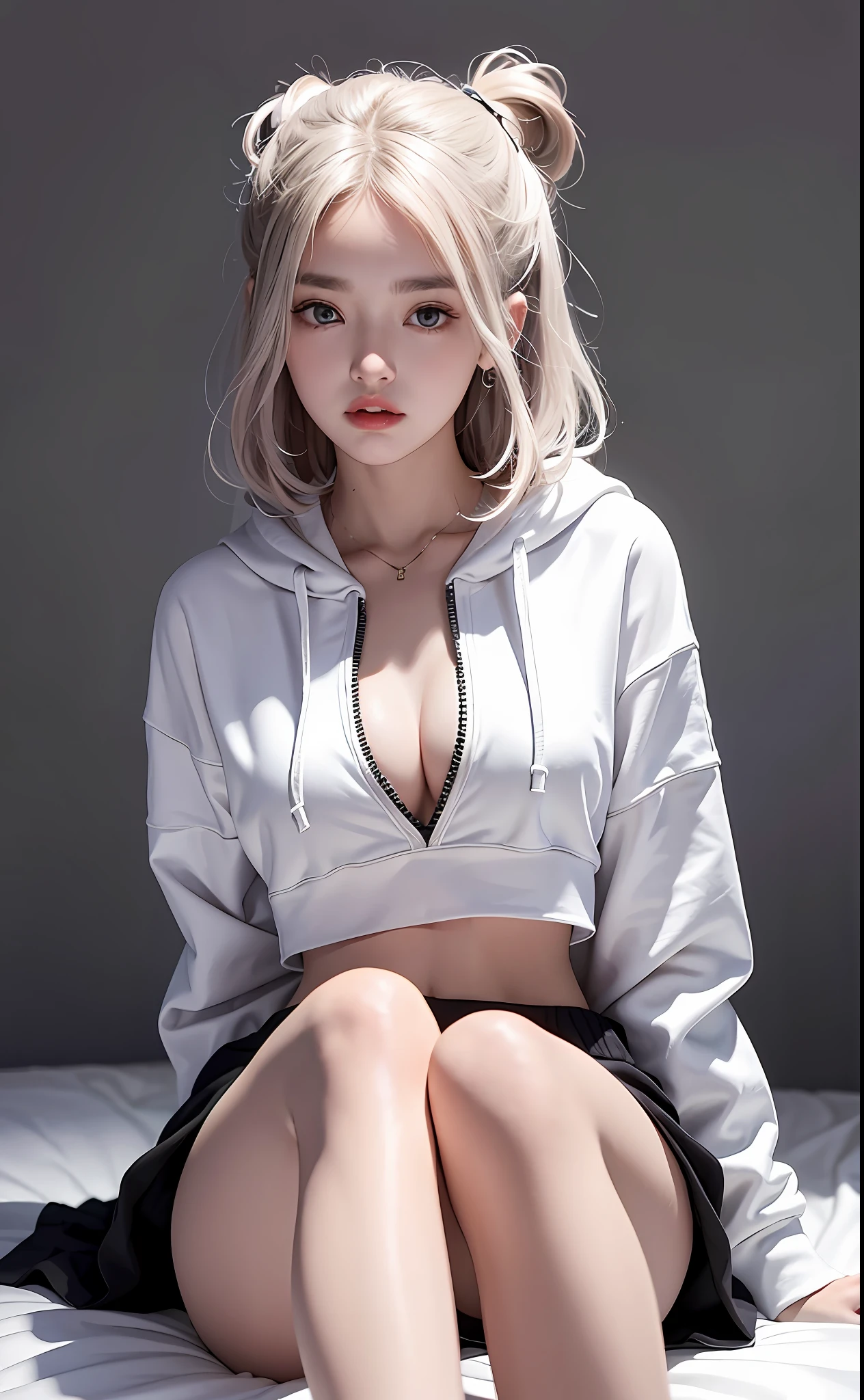 （tmasterpiece，realisticlying，A high resolution），（（1girll）：1.2），korean people，（（White wavy hair）：1.3），（heterochromatic eyes：1.1，Thick eyebrows，），（White showy hoodie，Black sports shorts），（（mediuml breasts）：1.2，Small waist，upper legs），sit on a bed