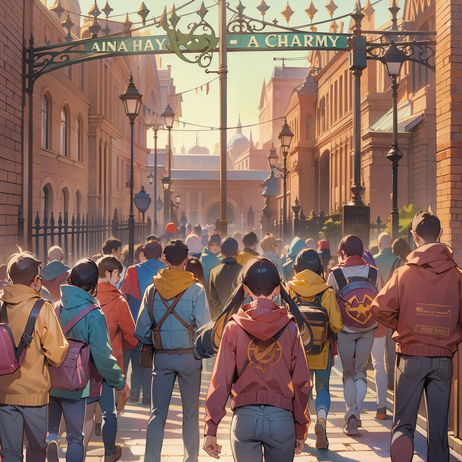 superhero academy, day time, students walking through front gates, camera aimed at the backs of a crowd