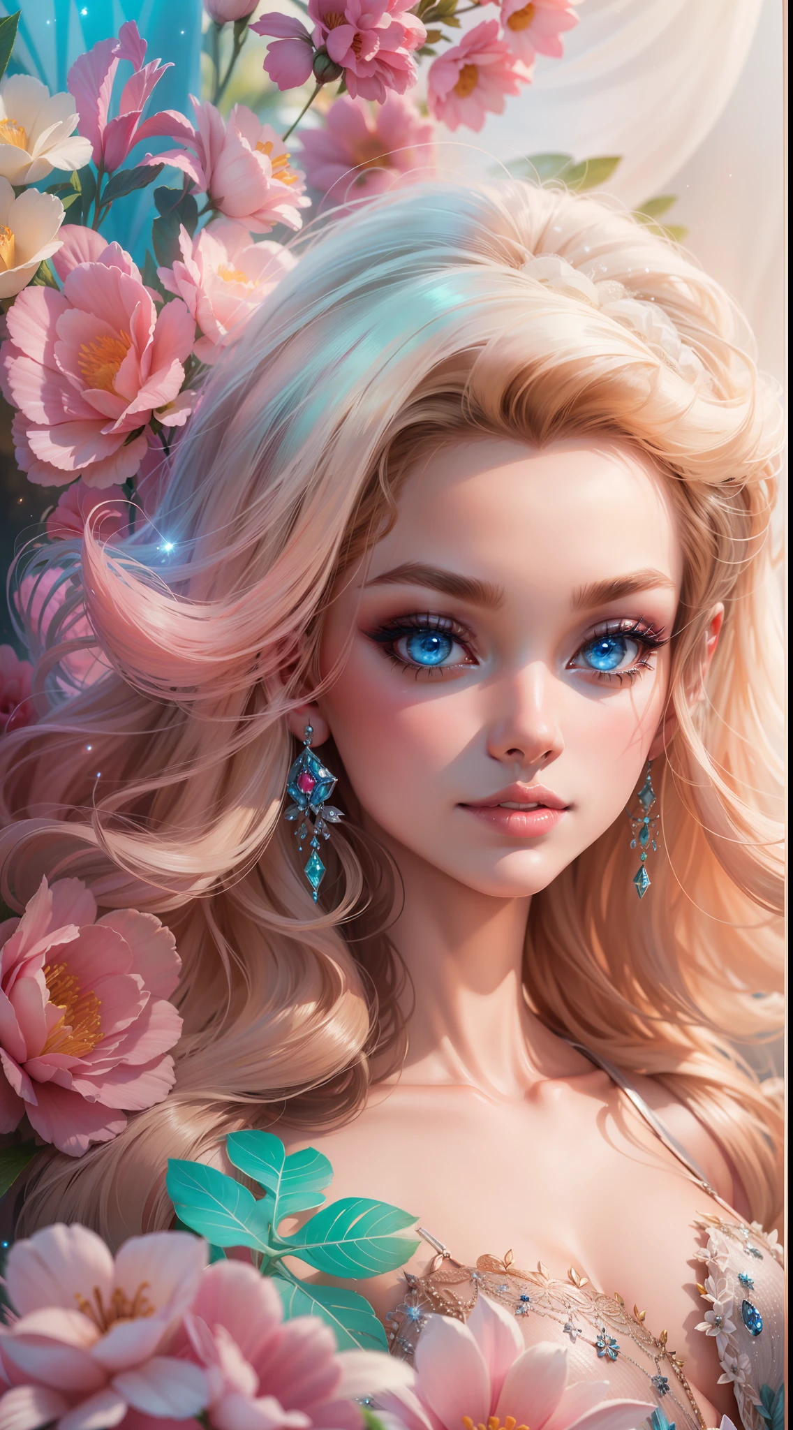 "A vibrant and glamorous Barbie doll portrait with impeccable details, capturing her elegance and charm in a high-resolution CG artwork. Radiant and flawless, the doll features a stylish outfit, stunning blue eyes, and perfectly styled. The soft lighting accentuates her beauty, while a hint of sparkle adds a touch of magic. Set against a dreamy background filled with pastel colors and delicate flowers, the composition creates a whimsical and enchanting atmosphere.+"