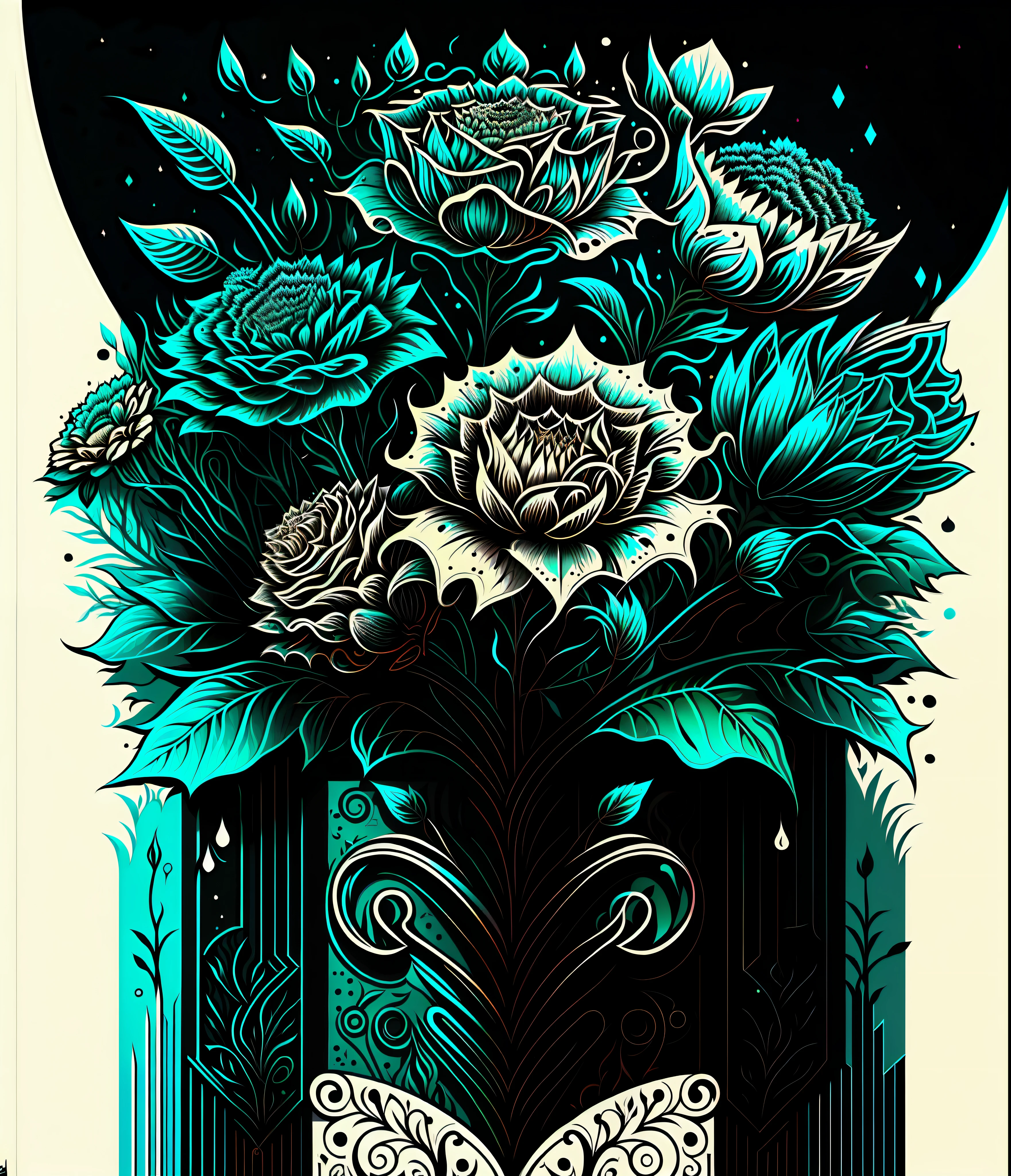 planar，florals，vectorial art，aesthetics，Super detailed depiction，Vivid and vivid，black andwhite，illustration，vectorial art