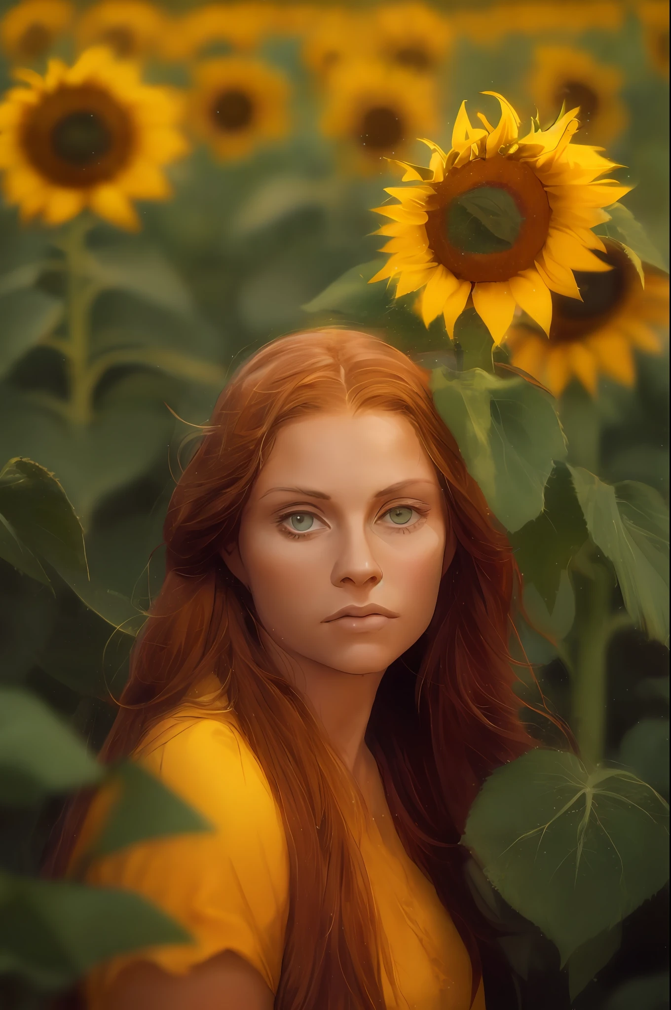 RAW, analog film, photography, zeiss otus 85mm f/1.4, film still, Fashion photography, a beautiful Scandinavian girl, adorable face, red long hair, no makeup, realistic skin texture, summer dress, (sunflowers:1.2), warm, low saturation, yellow, tonal color scheme, masterpiece, dramatic lighting