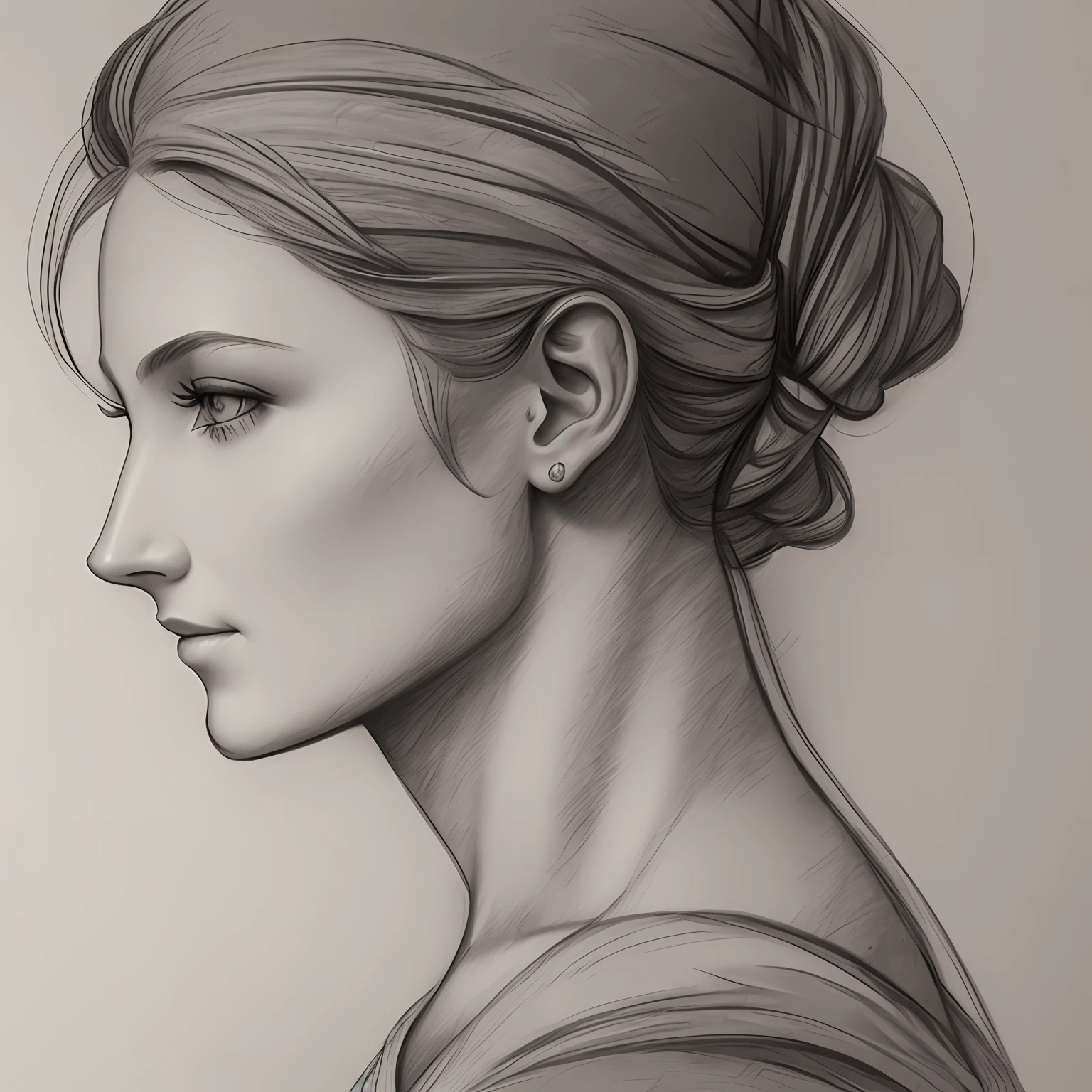 stunning sketch portrait by Michelangelo, charcoal drawing, face only, an absolutely gorgeous woman, side view, ultra-detailed, hint of a smile --auto