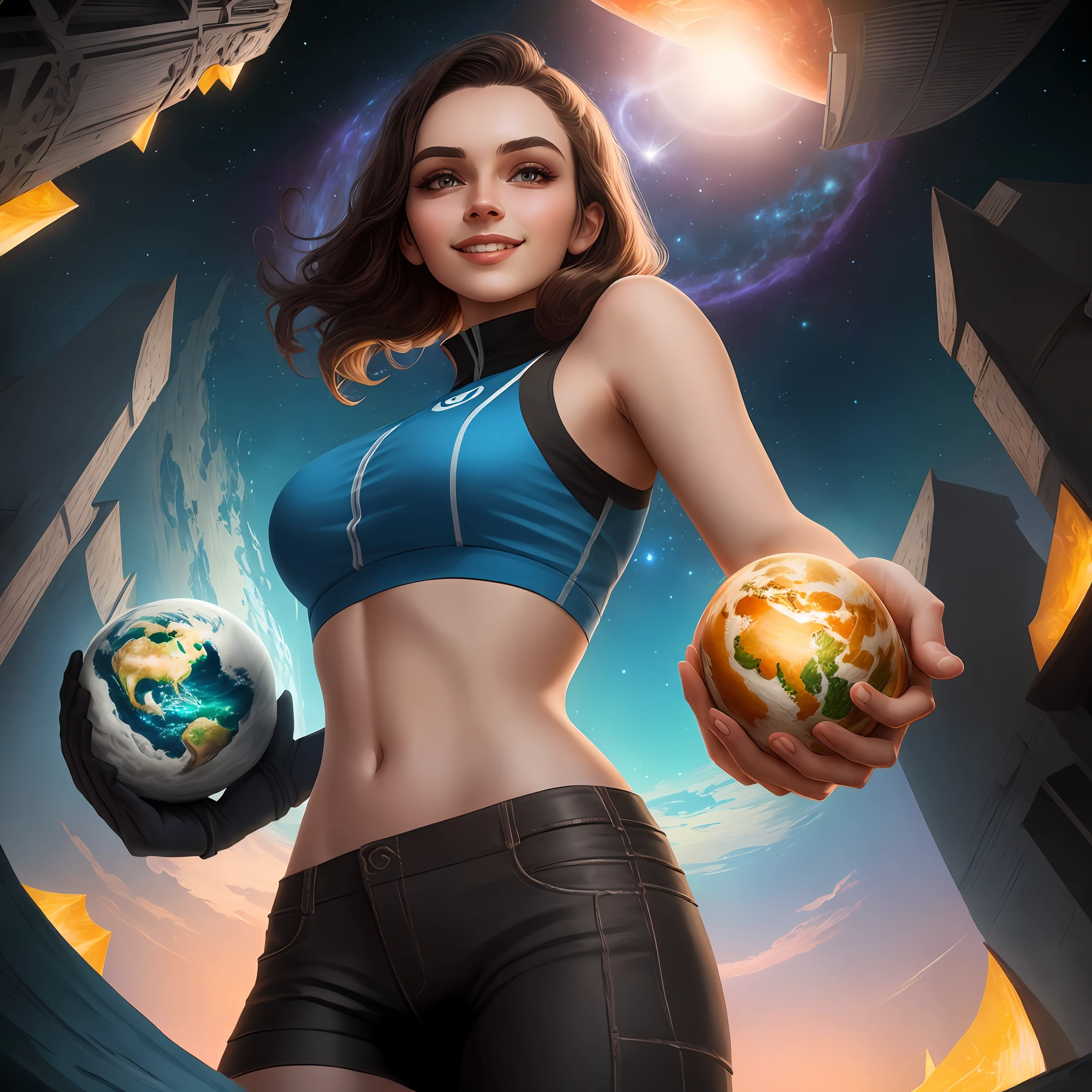 Beautiful young brunette woman in blue crop top holding planet earth in her hand, smirking, evil, looking down at camera, low angle, (from_below:1.5), background cosmic, cinematic hd 4k 8k highly detailed octane render trending artstation, Dynamic Light