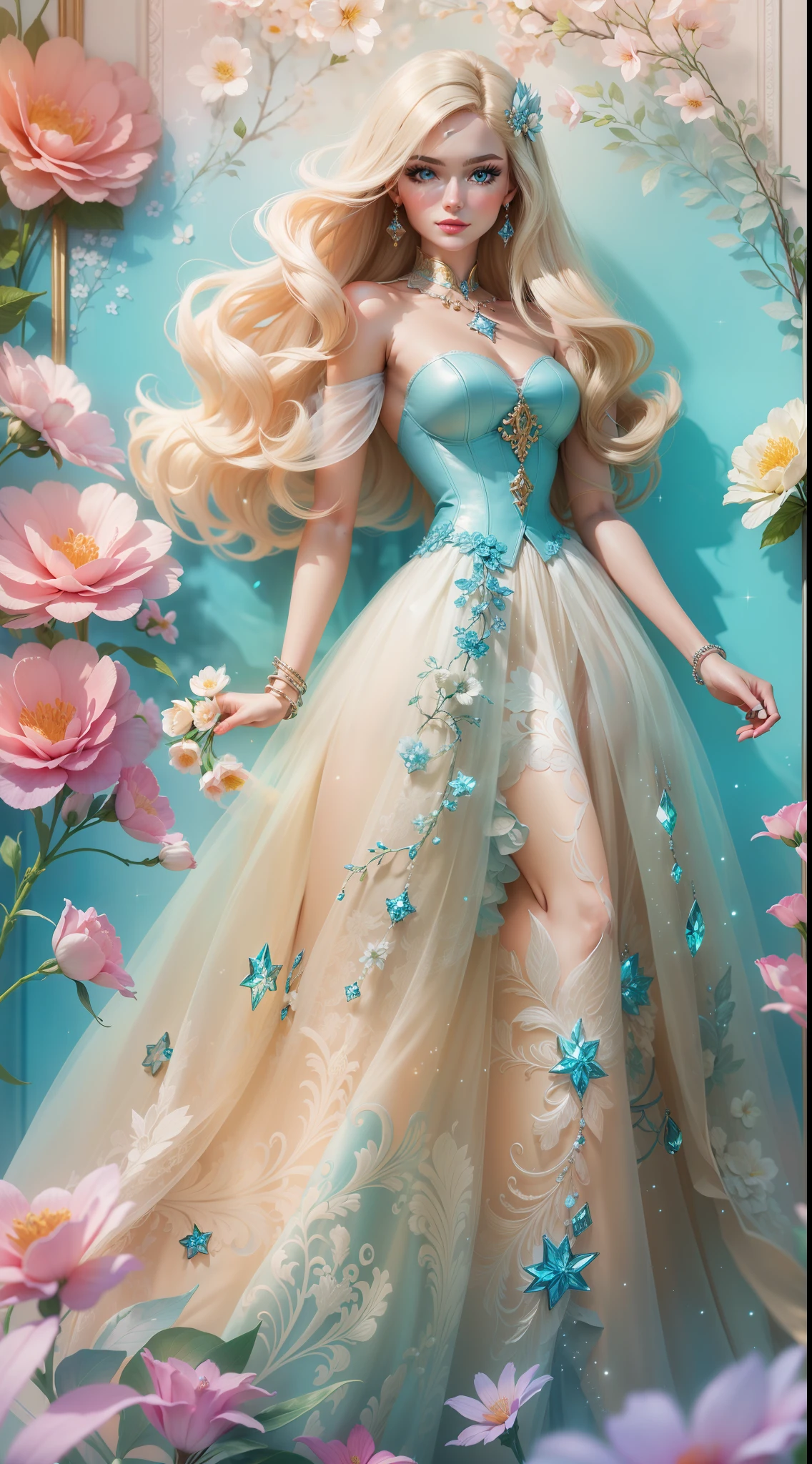 "A vibrant and glamorous Barbie doll portrait with impeccable details, capturing her elegance and charm in a high-resolution CG artwork. Radiant and flawless, the doll features a stylish outfit, stunning blue eyes, and perfectly styled. The soft lighting accentuates her beauty, while a hint of sparkle adds a touch of magic. Set against a dreamy background filled with pastel colors and delicate flowers, the composition creates a whimsical and enchanting atmosphere.+"