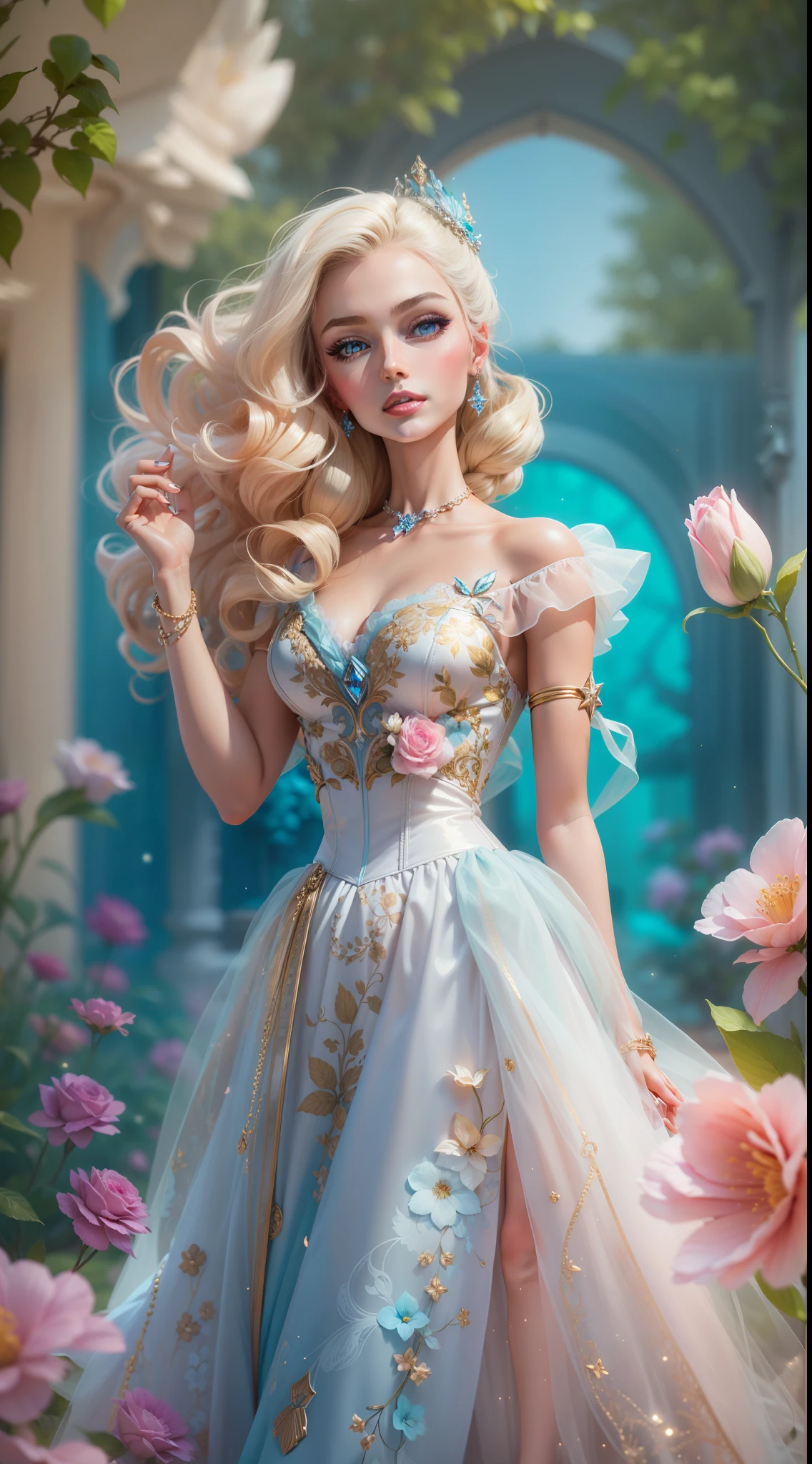 "A vibrant and glamorous Barbie doll portrait with impeccable details, capturing her elegance and charm in a high-resolution CG artwork. Radiant and flawless, the doll features a stylish outfit, stunning blue eyes, and perfectly styled. The soft lighting accentuates her beauty, while a hint of sparkle adds a touch of magic. Set against a dreamy background filled with pastel colors and delicate flowers, the composition creates a whimsical and enchanting atmosphere.+"